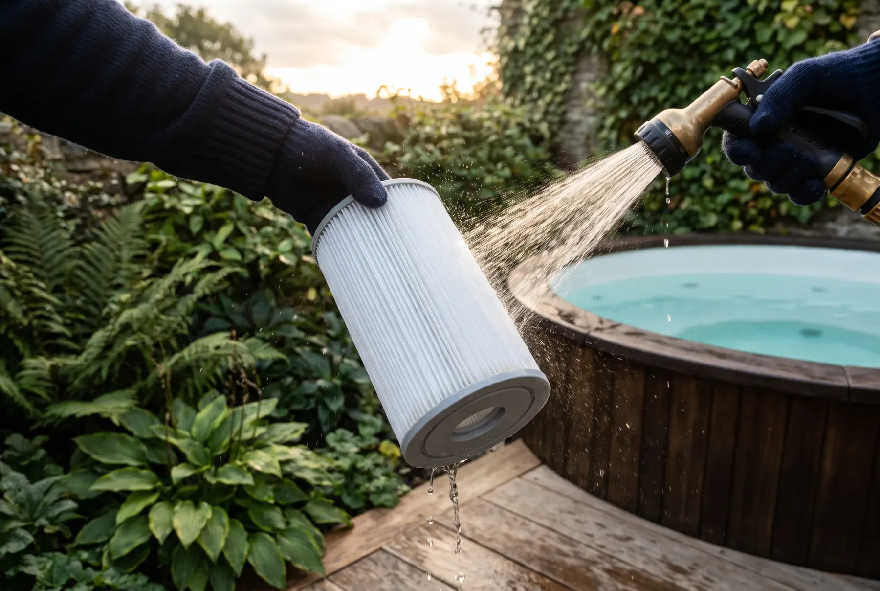 Rinsing a pleated hot tub filter cartridge with a garden hose