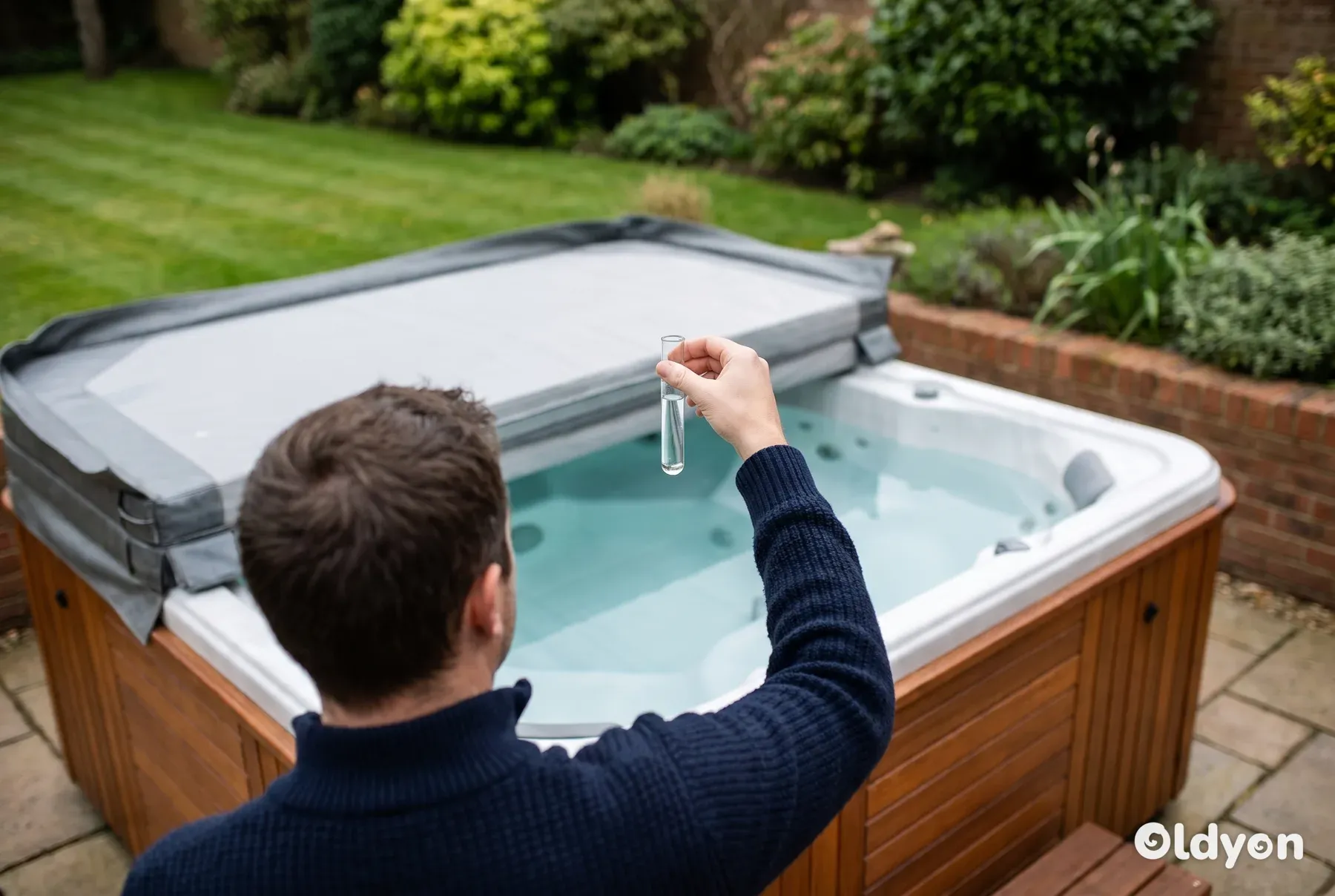 Handen van achteren die een klein testbuisje met water boven een afgedekte hot tub in een groene Britse tuin houden