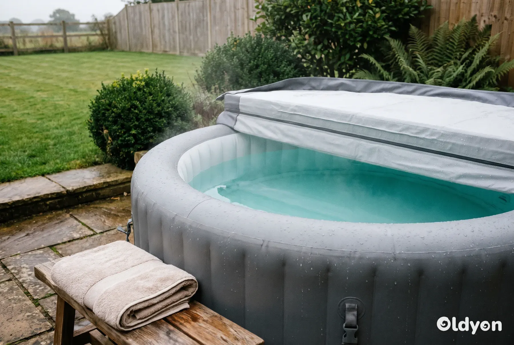 Bañera de hidromasaje hinchable redonda y gris con su cubierta plegada hacia atrás, situada sobre un pavimento nivelado en un verde jardín británico