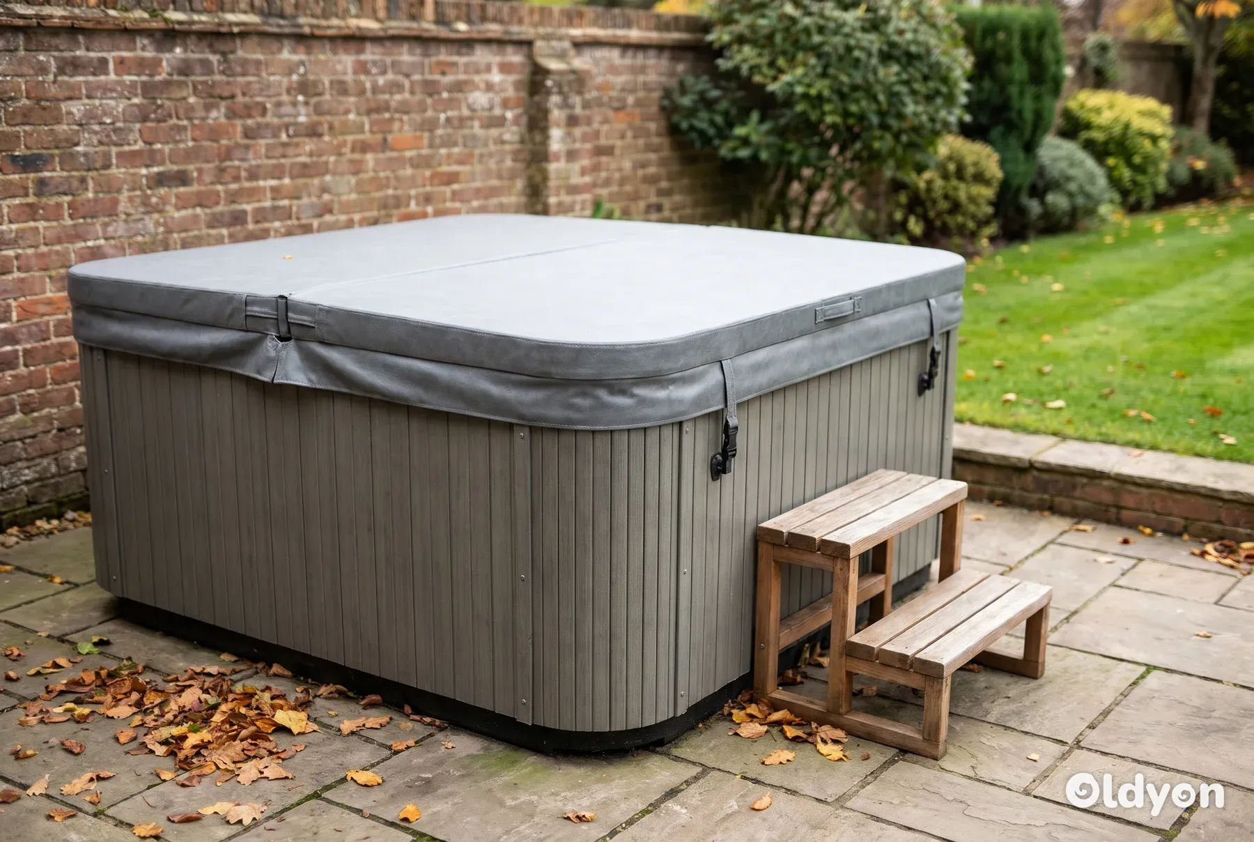 Hard shell hot tub with a closed grey cover on a stone patio in a British garden on an autumn afternoon