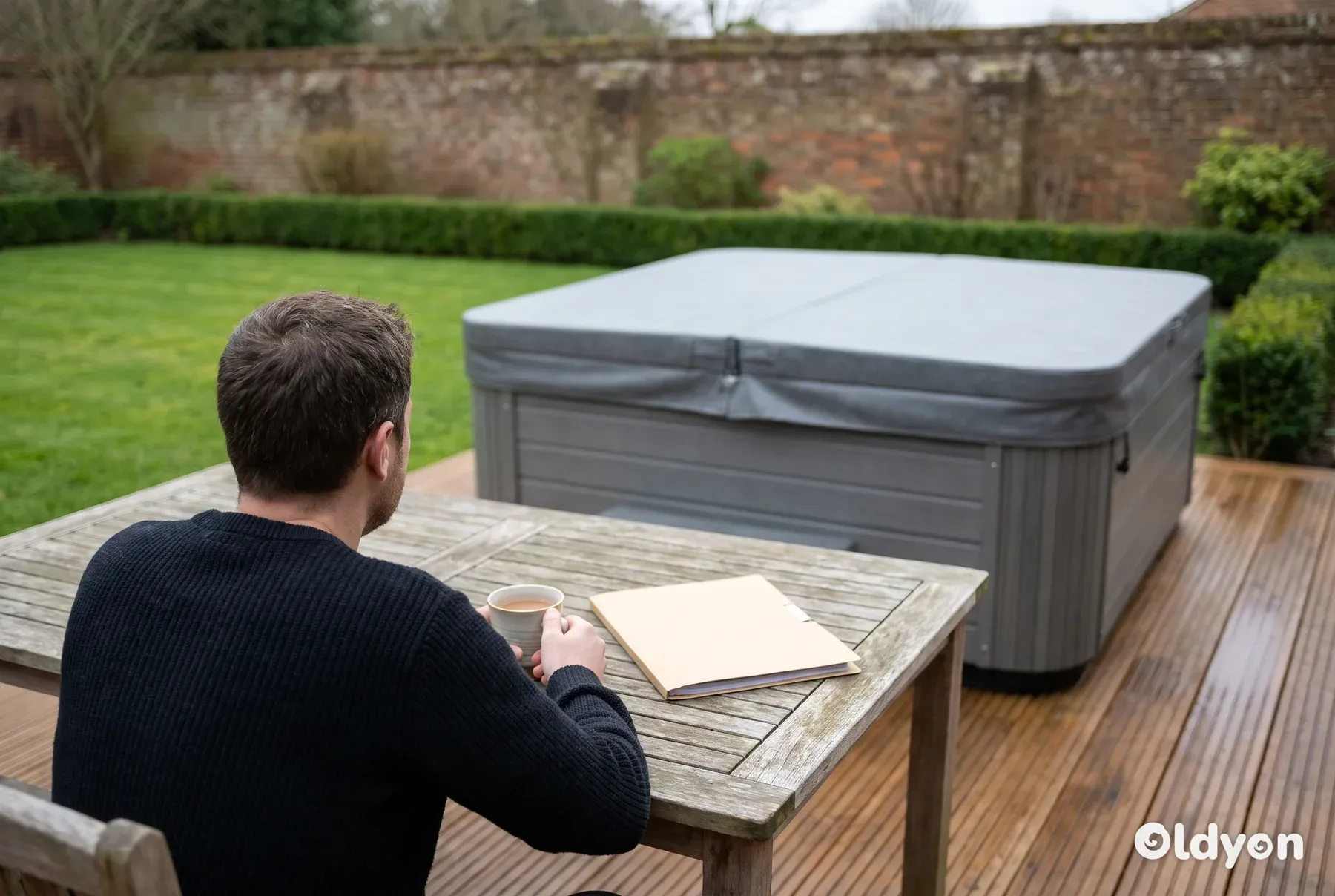 A covered hot tub on a timber deck in a British garden, with a person seen from behind at a nearby table
