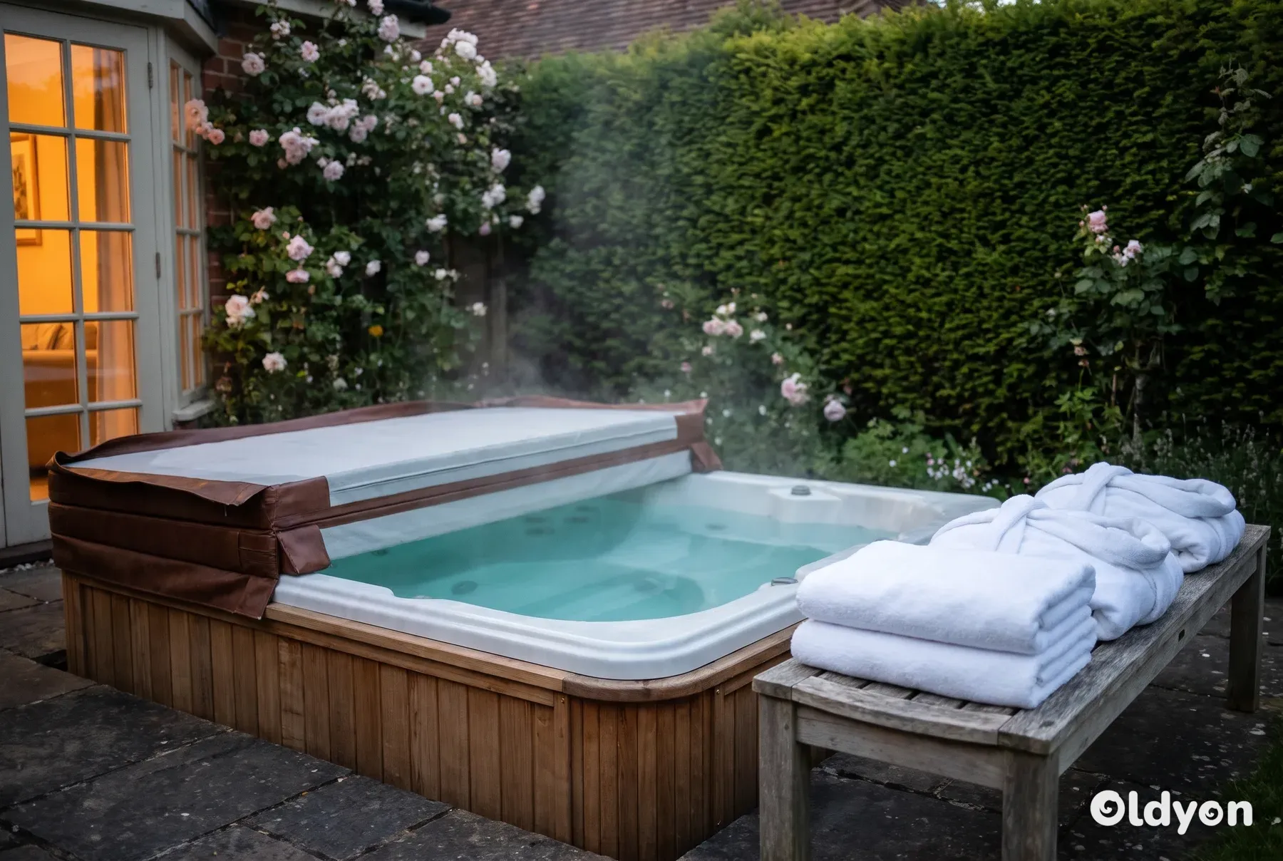 Covered hot tub on a private walled garden terrace at dusk, with two folded towels and robes on a wooden bench beside it