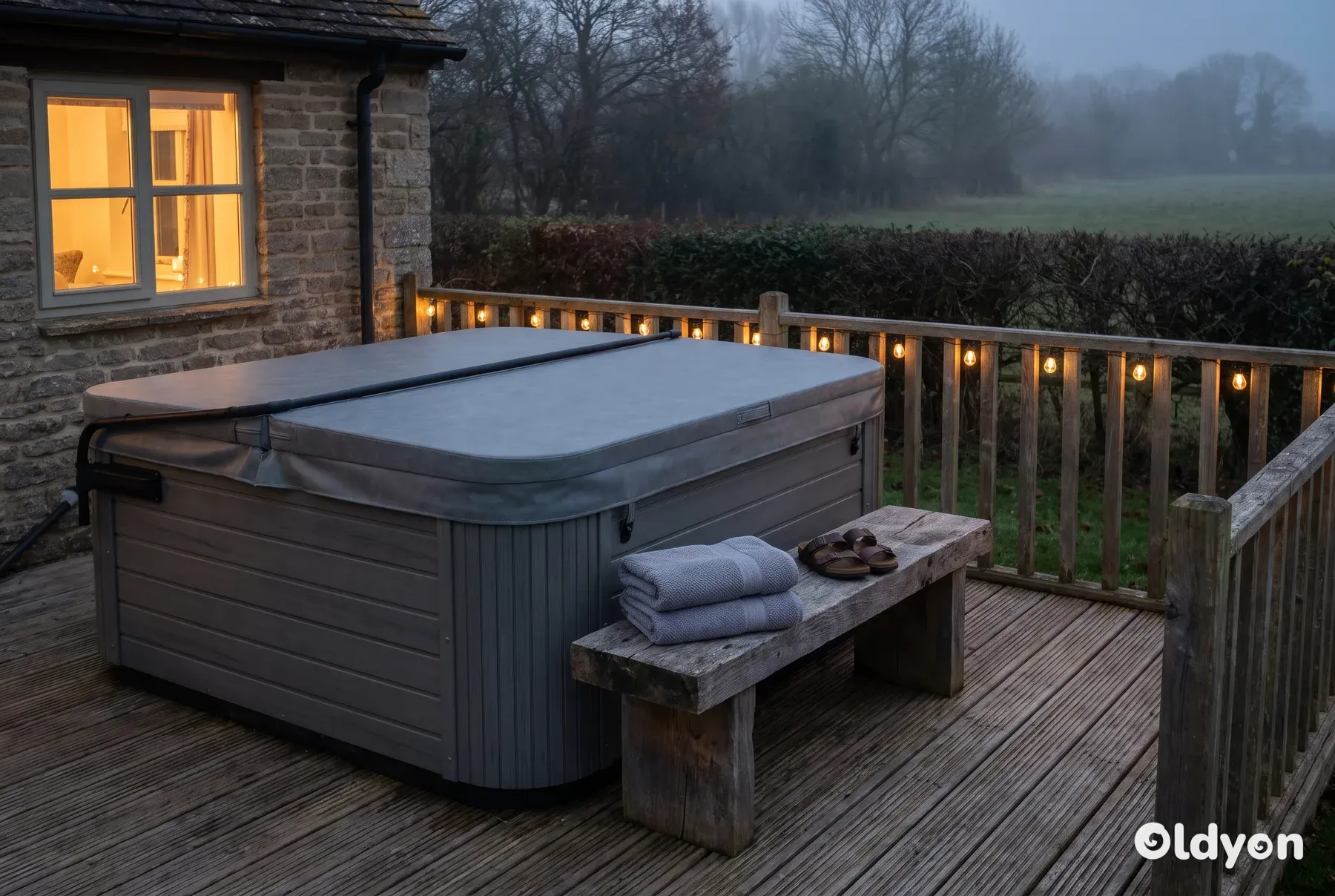 Covered hot tub on a timber deck in a lodge garden at dusk, with folded towels on a wooden bench beside it