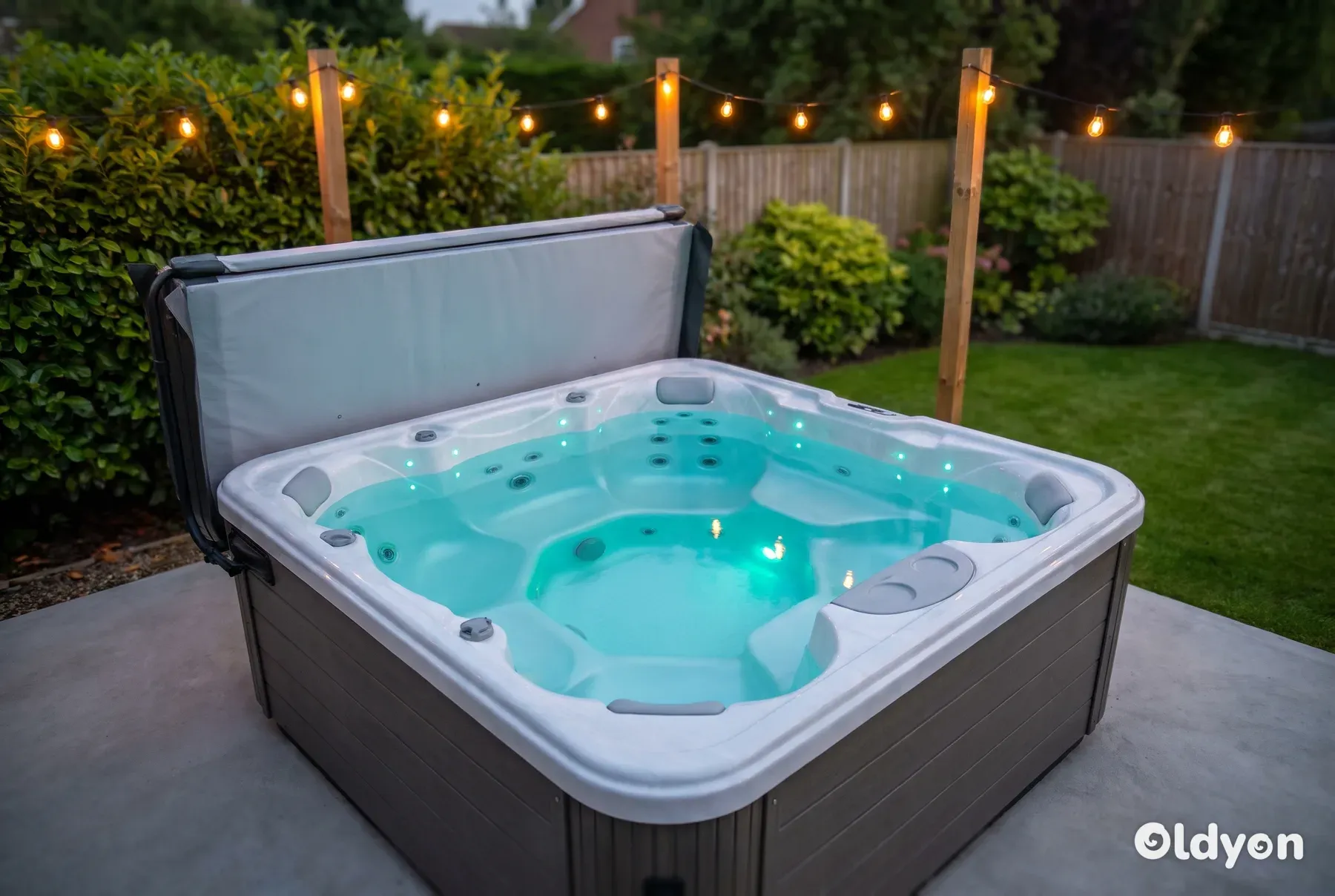 A large square hardshell hot tub with its cover folded back on a concrete patio in a British garden at dusk