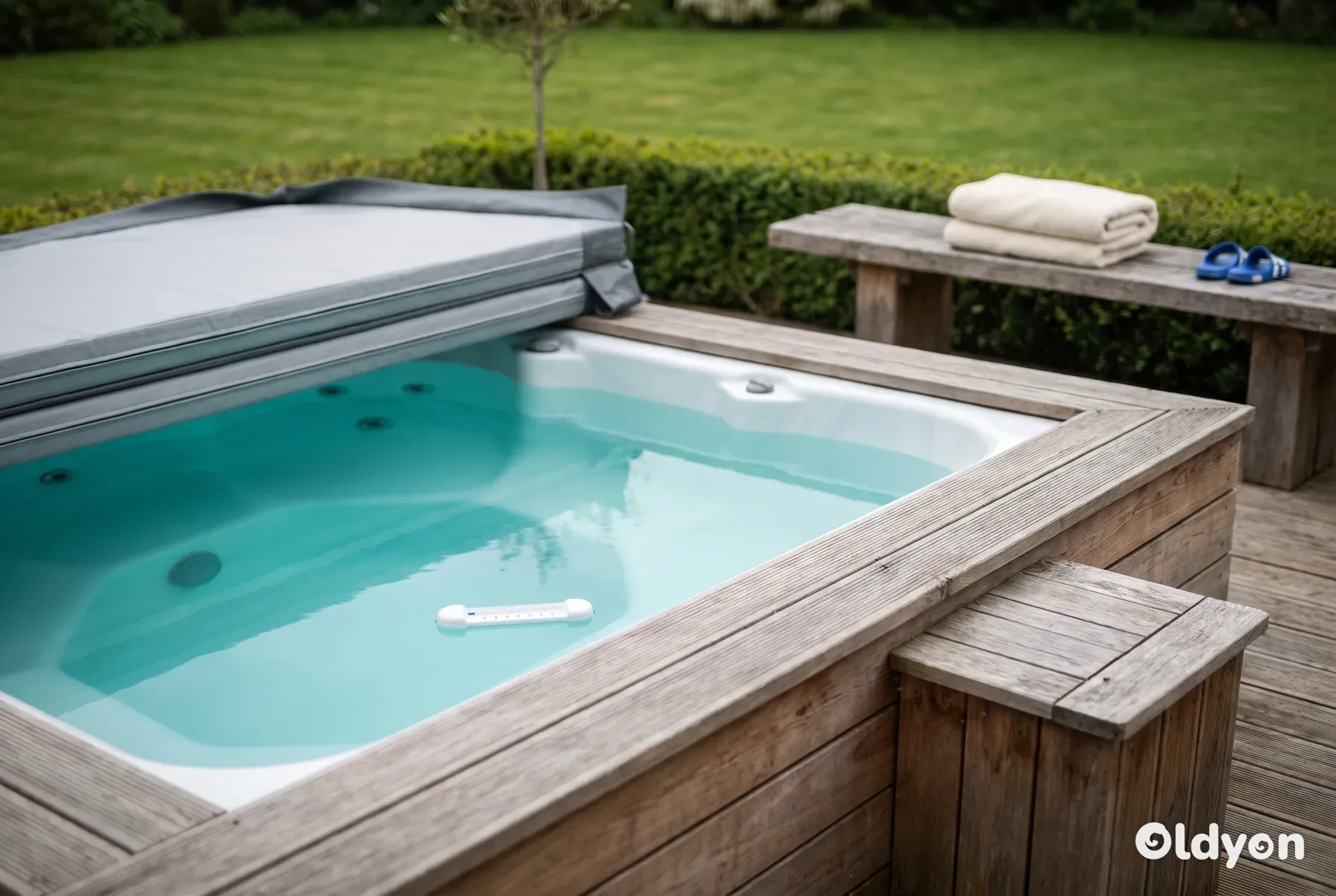 Hot tub in a British garden with the cover folded back, a floating thermometer on the water and two towels on a bench