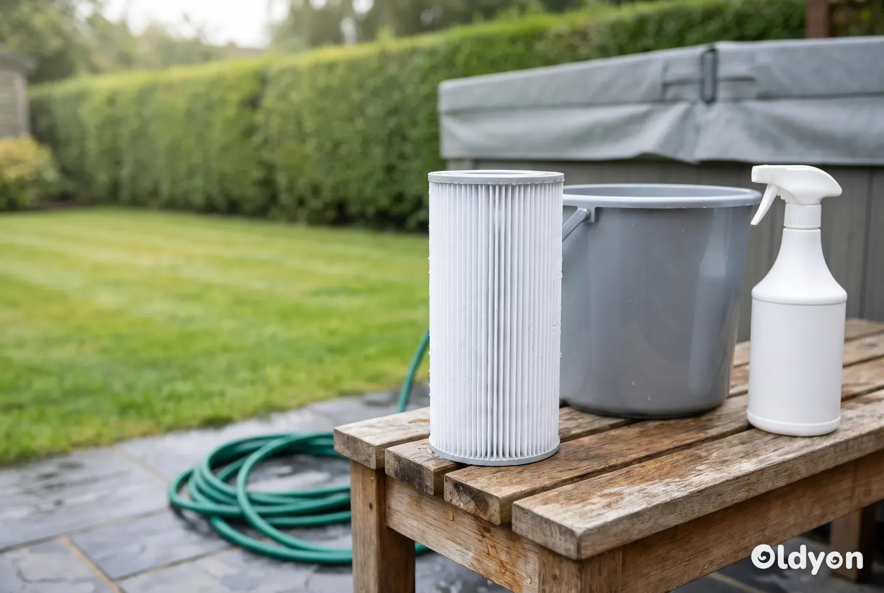 Clean pleated hot tub filter cartridge on a wooden garden bench beside a bucket and a plain spray bottle