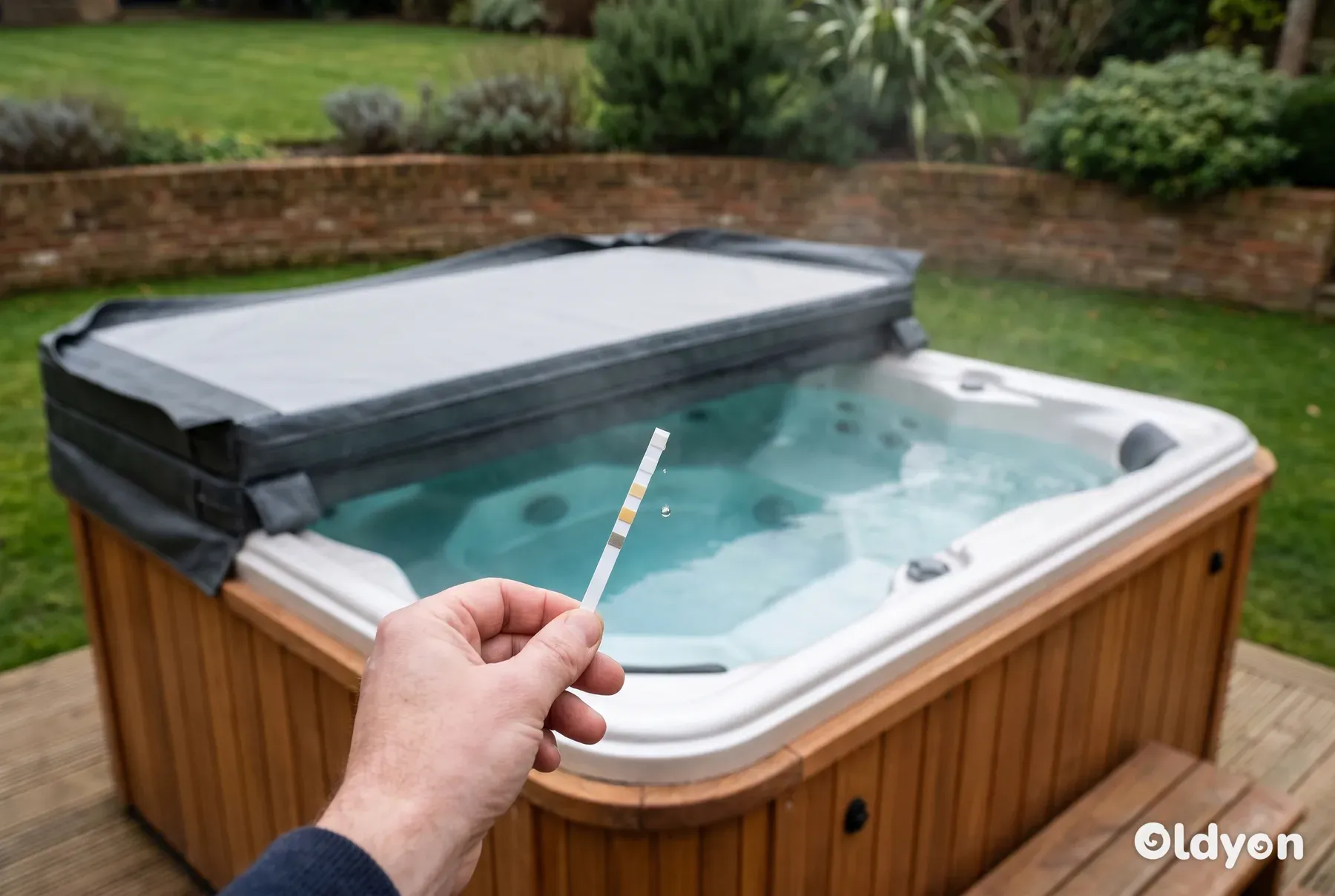 A hand holding a water test strip above clear, steaming water in a hot tub in a British back garden