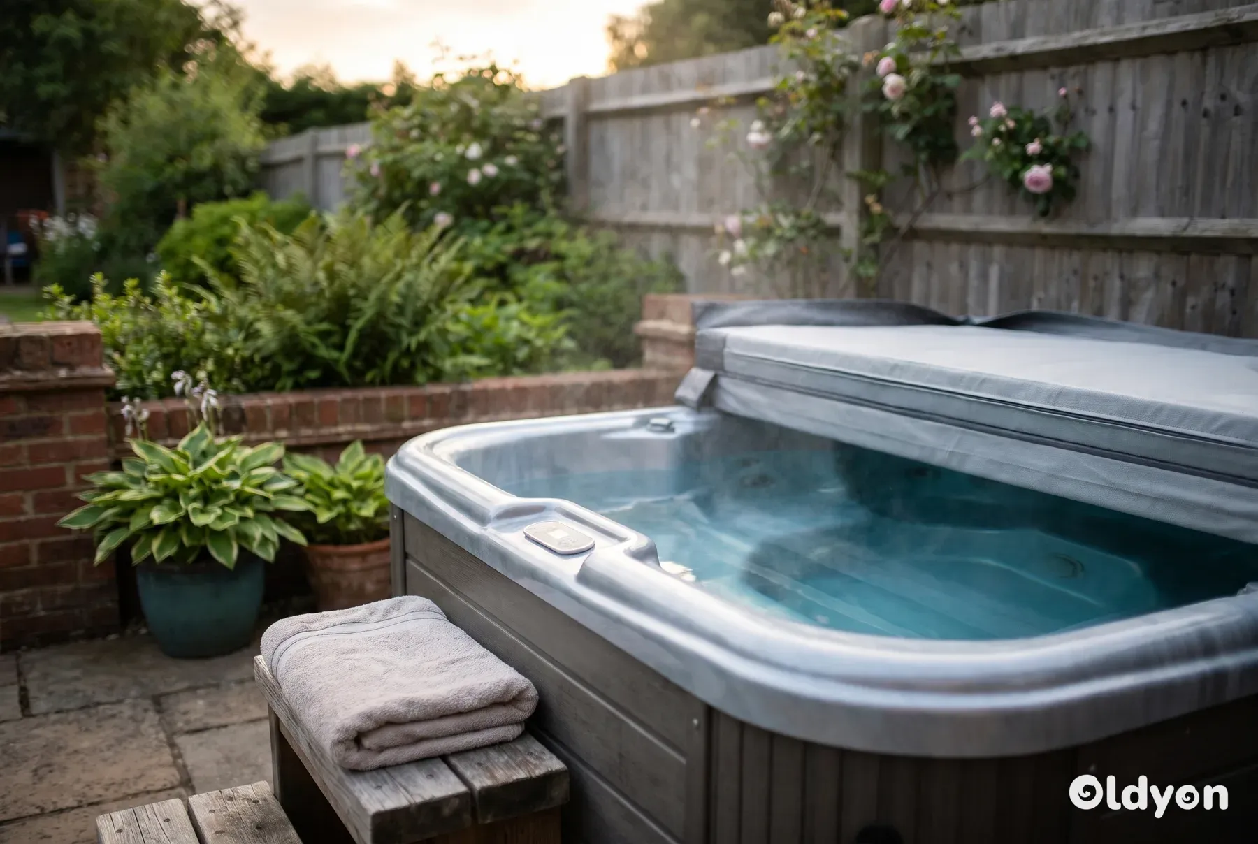 A compact hard-shell hot tub with its cover folded back on a stone patio in a small British garden