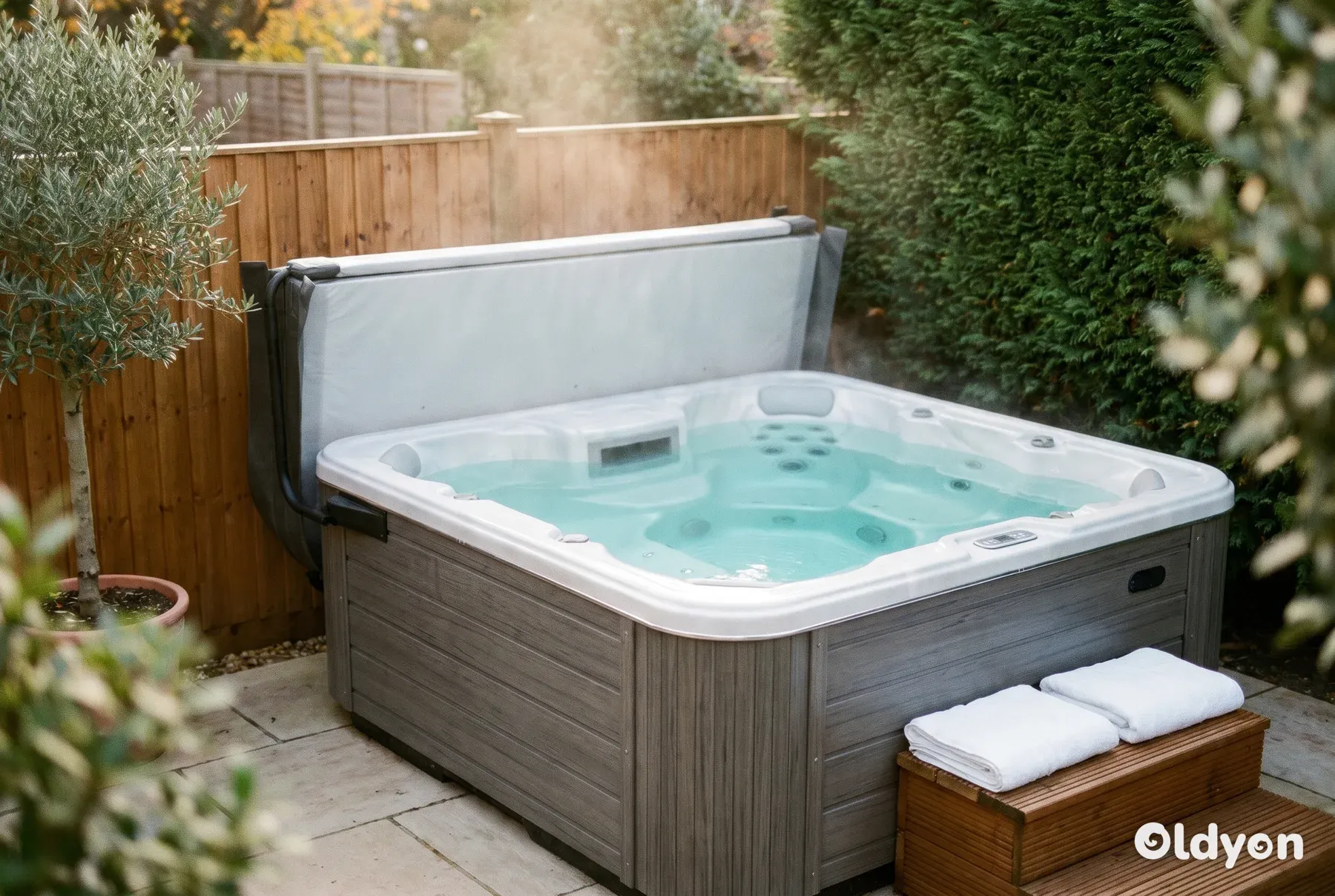 Spa compact trois places avec une place allongée et deux places assises, couverture repliée, sur un dallage dans un petit jardin britannique
