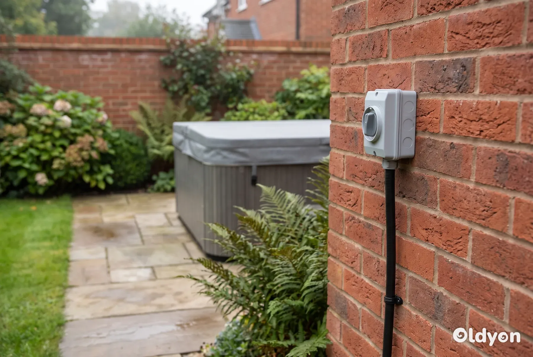 Grey weatherproof isolator switch on a brick garden wall beside a covered hot tub on a stone patio