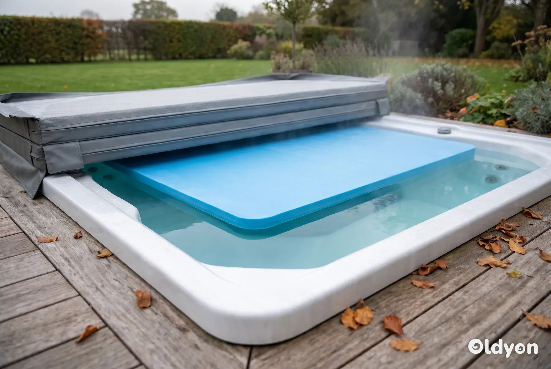 A blue foam thermal blanket floating on clear hot tub water in a British garden, the hard cover folded back beside it