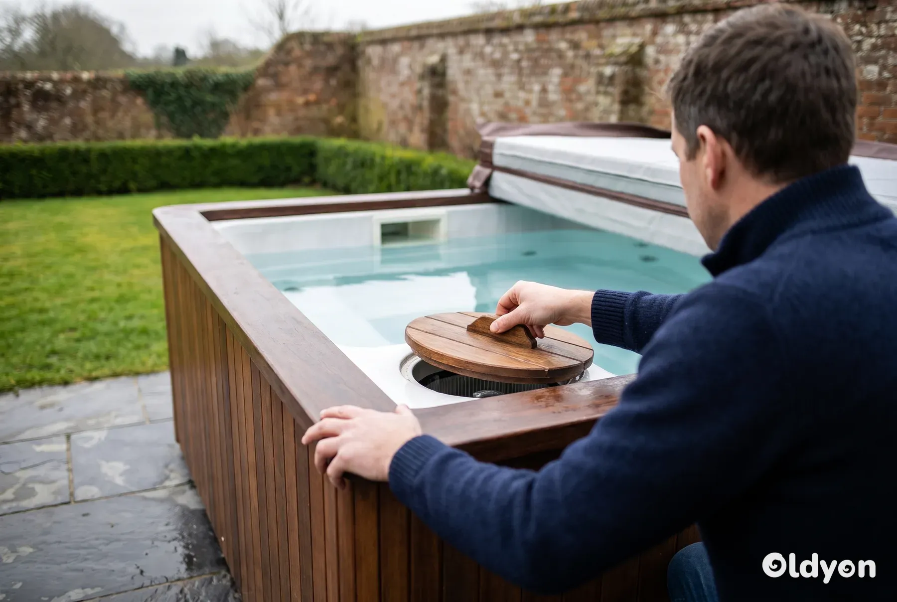 Person seen from behind lifting the filter lid of a hot tub on a stone patio in a British garden