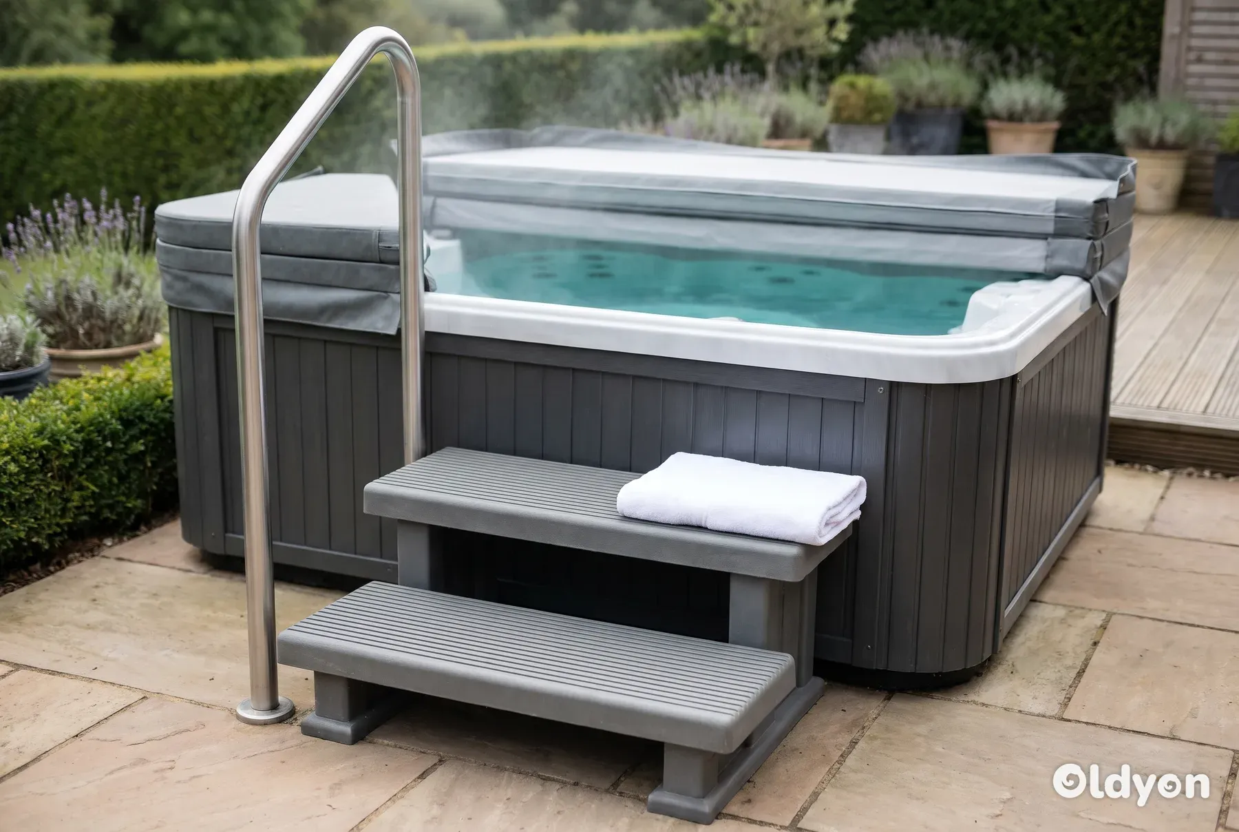 Grey textured two-tread steps with a metal handrail beside a hard shell hot tub on a stone patio in a British garden