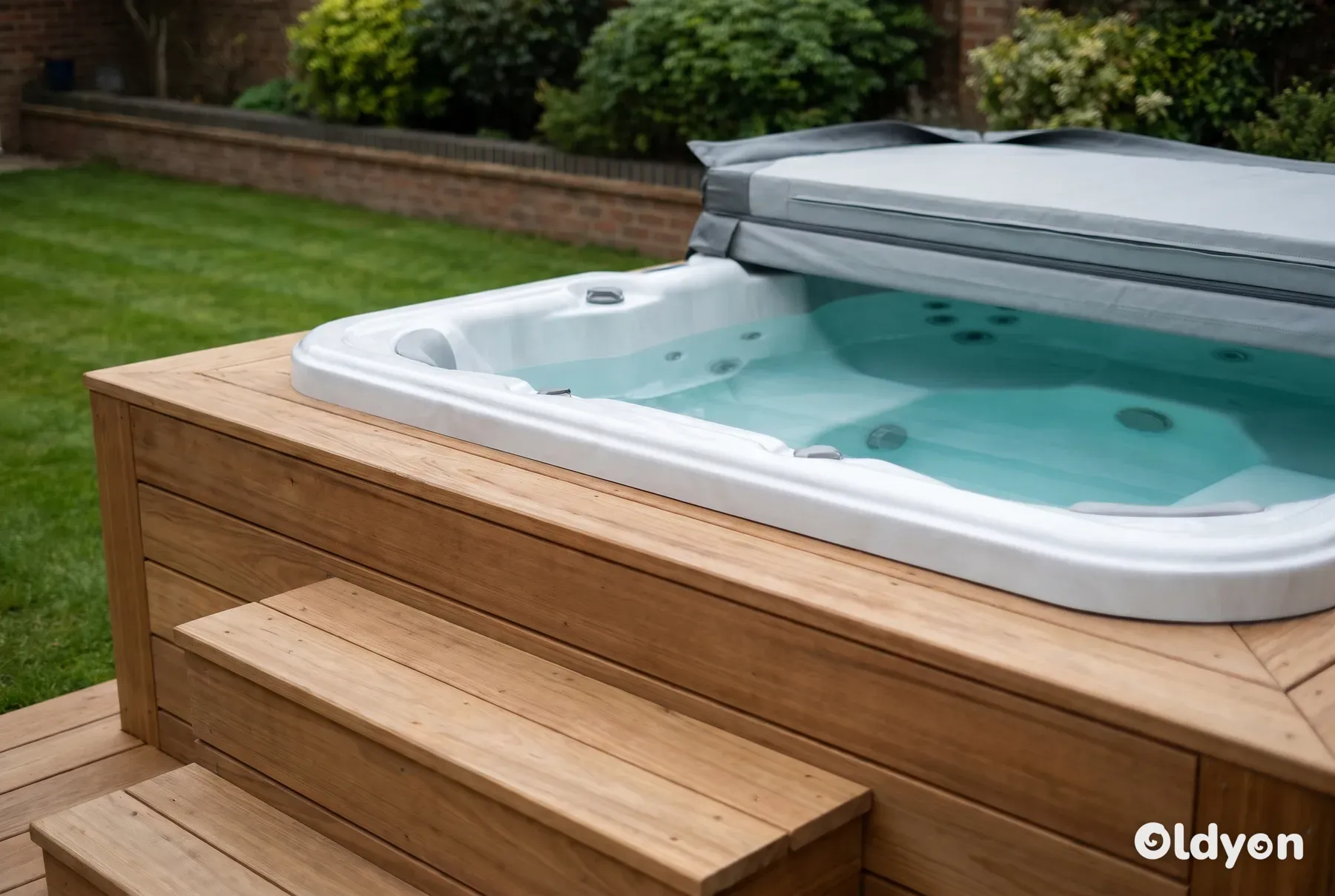 Acrylic hot tub set partly into timber decking in a British garden, with lawn and shrubs beyond