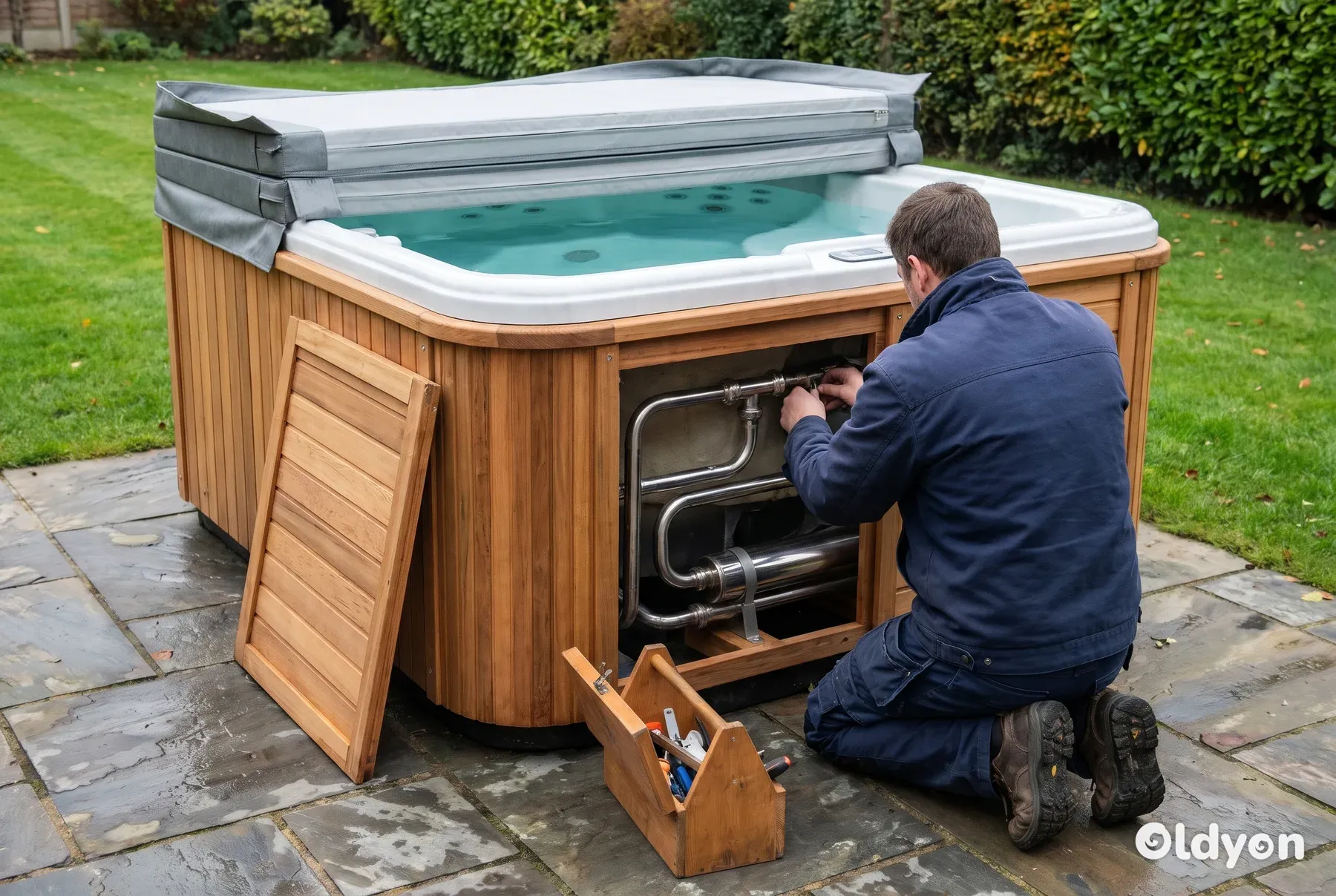 Hot tub cabinet with a side panel removed, showing a stainless steel heater tube and pipework in a British garden