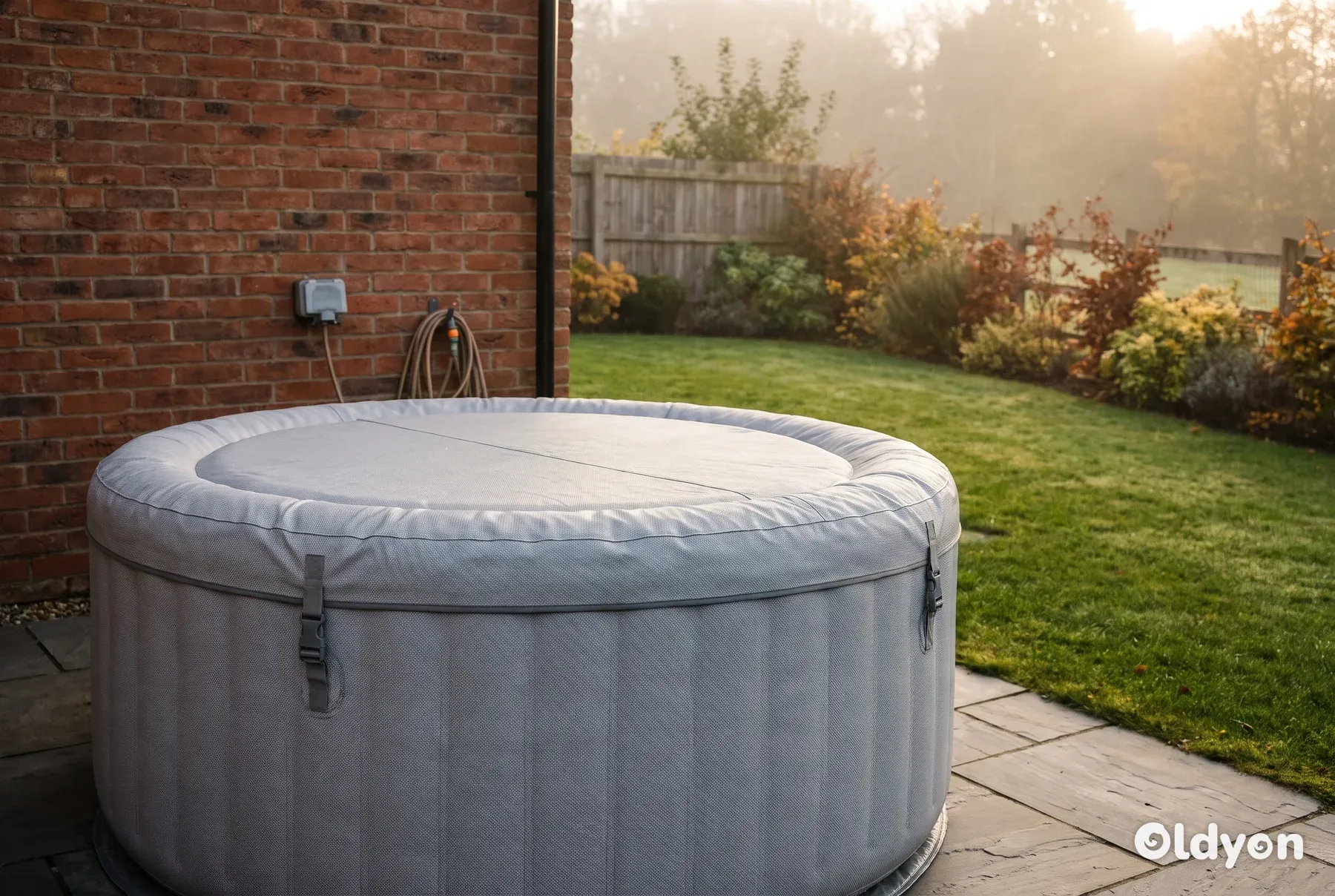 Spa gonflable rond avec sa couverture, sur une terrasse pavée à côté d'un mur en briques dans un jardin britannique en automne