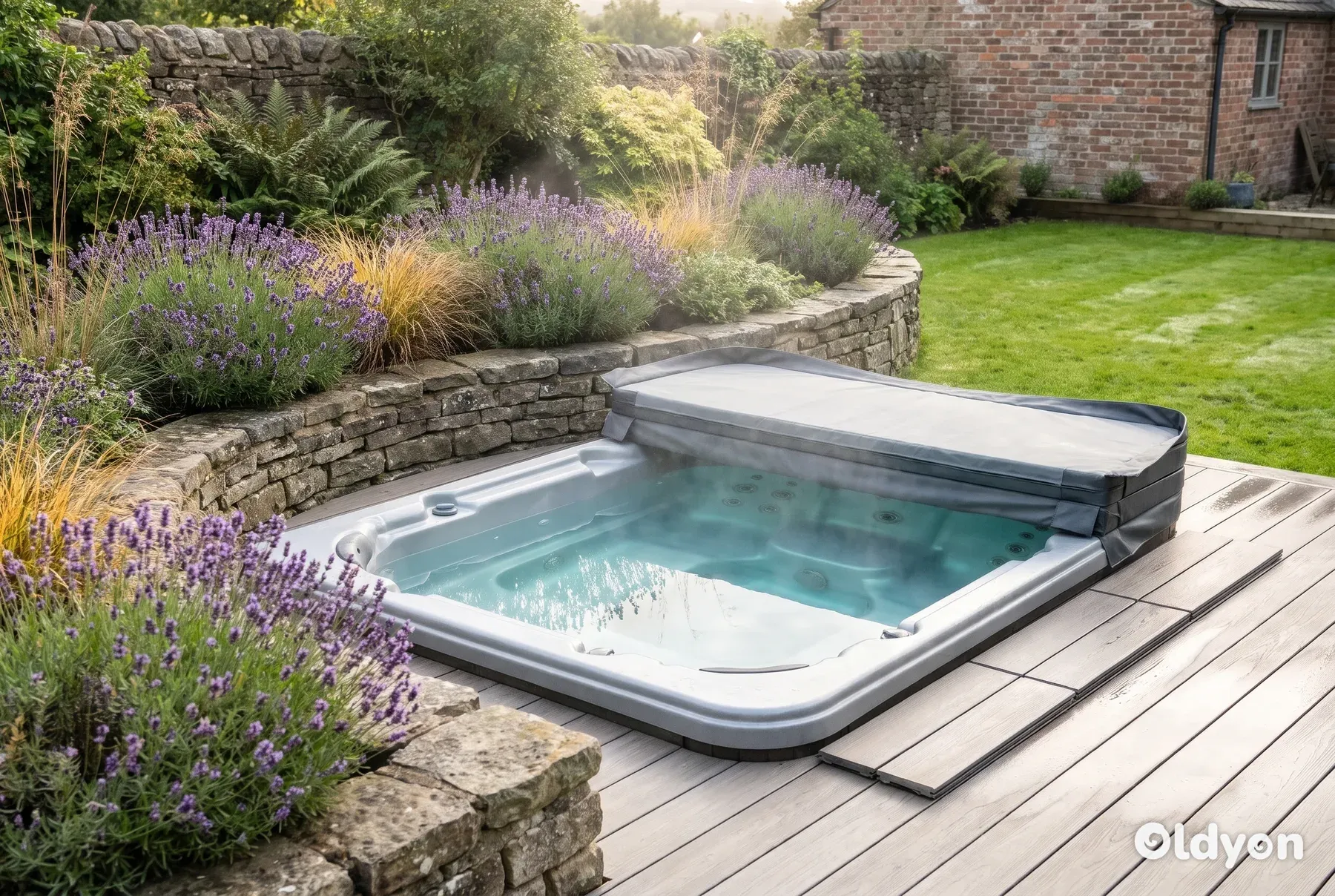 Semi-sunken hot tub with a timber deck surround and stone retaining wall in a British garden, cover folded back