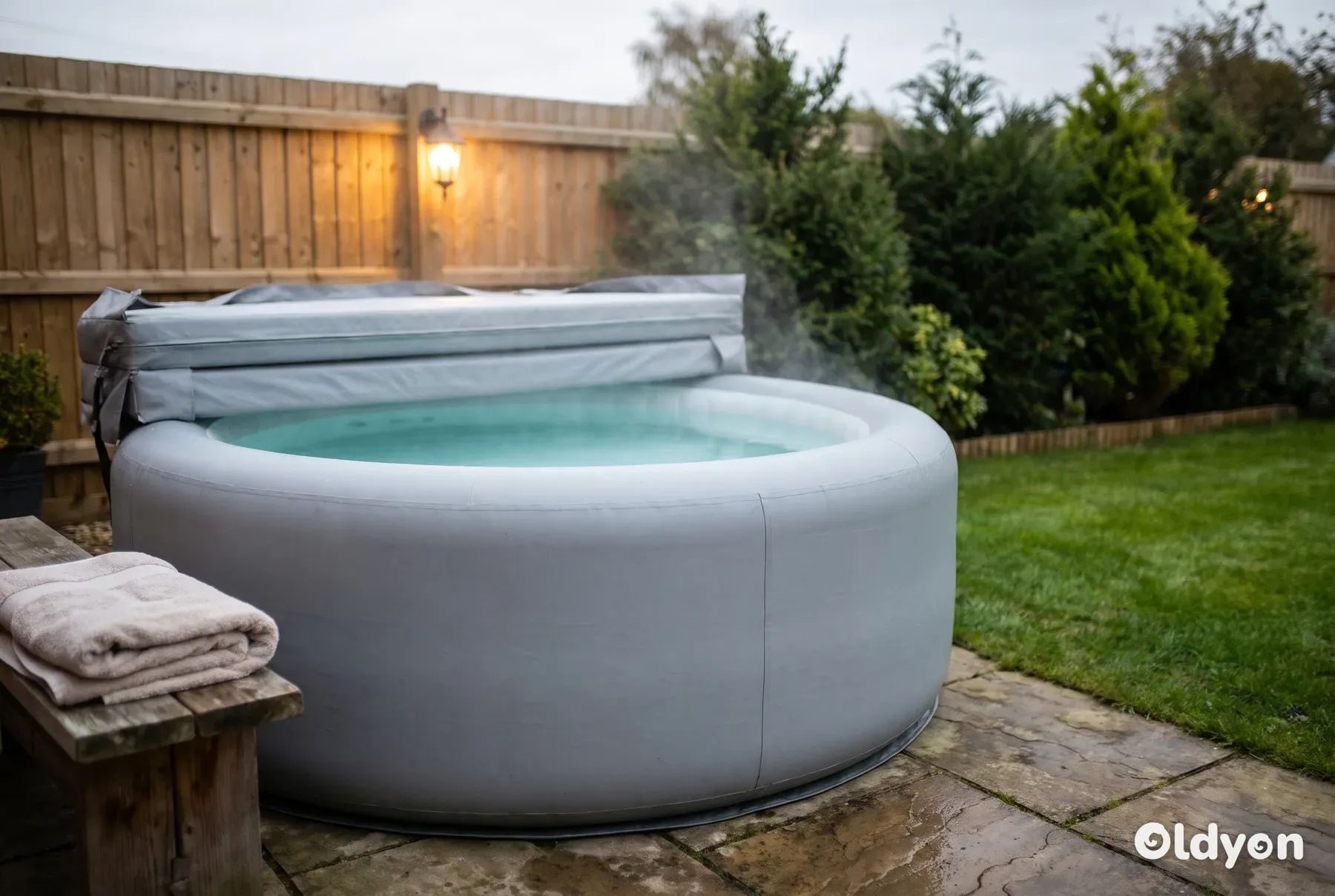 Large round inflatable hot tub with its cover folded back, on a level paved patio in a British garden at dusk