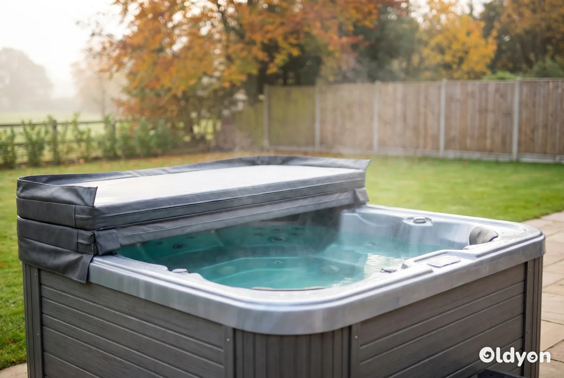Grey acrylic hot tub with its cover folded back, gently steaming on a stone patio in a British garden on an autumn morning