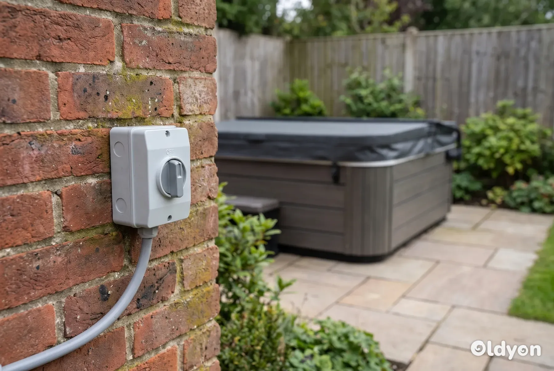 Grey rotary isolator switch on a brick garden wall, with a covered hot tub a few metres away on a stone patio