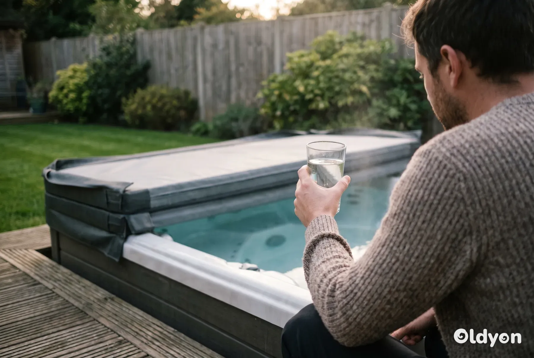 Person von hinten, die neben einem offenen Whirlpool in einem britischen Garten ein Glas Whirlpoolwasser gegen das Licht hält