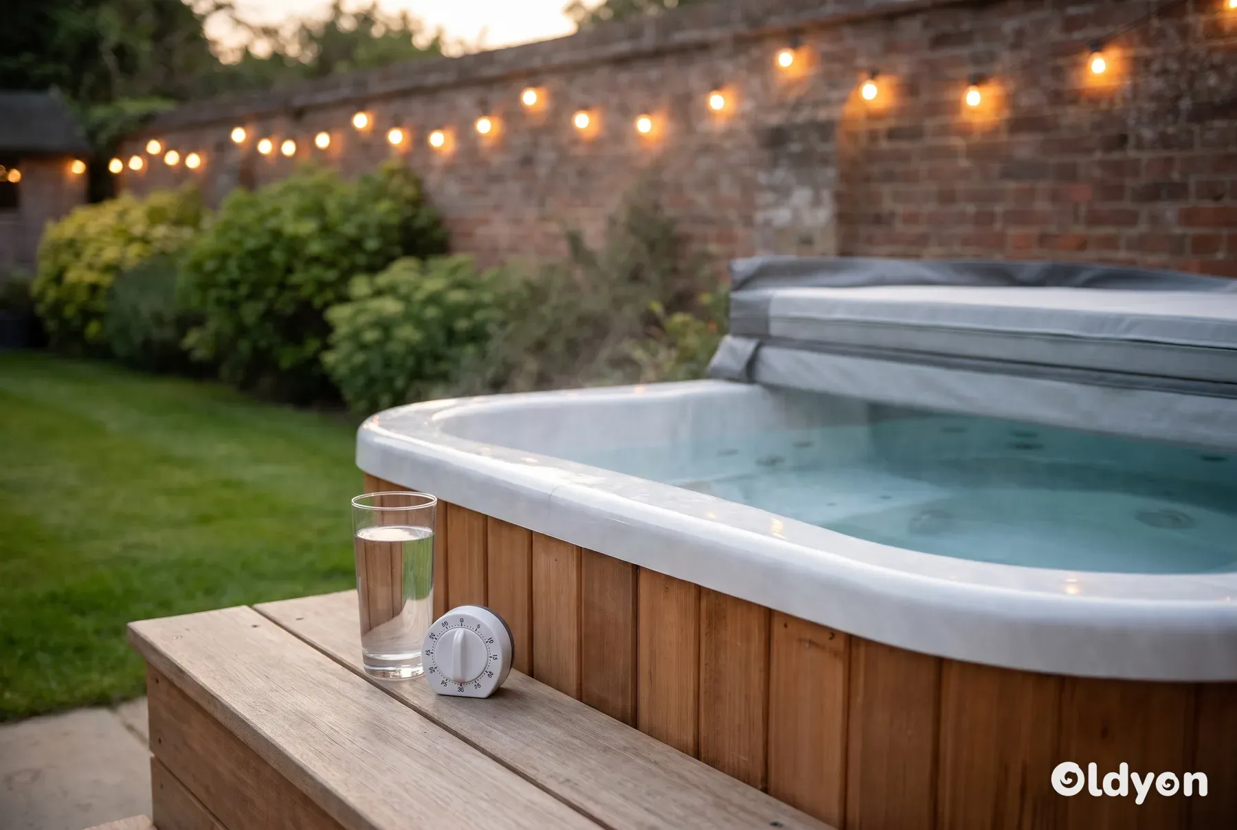 Hot tub in a British garden at dusk, cover folded back, with a glass of water and a kitchen timer on the step
