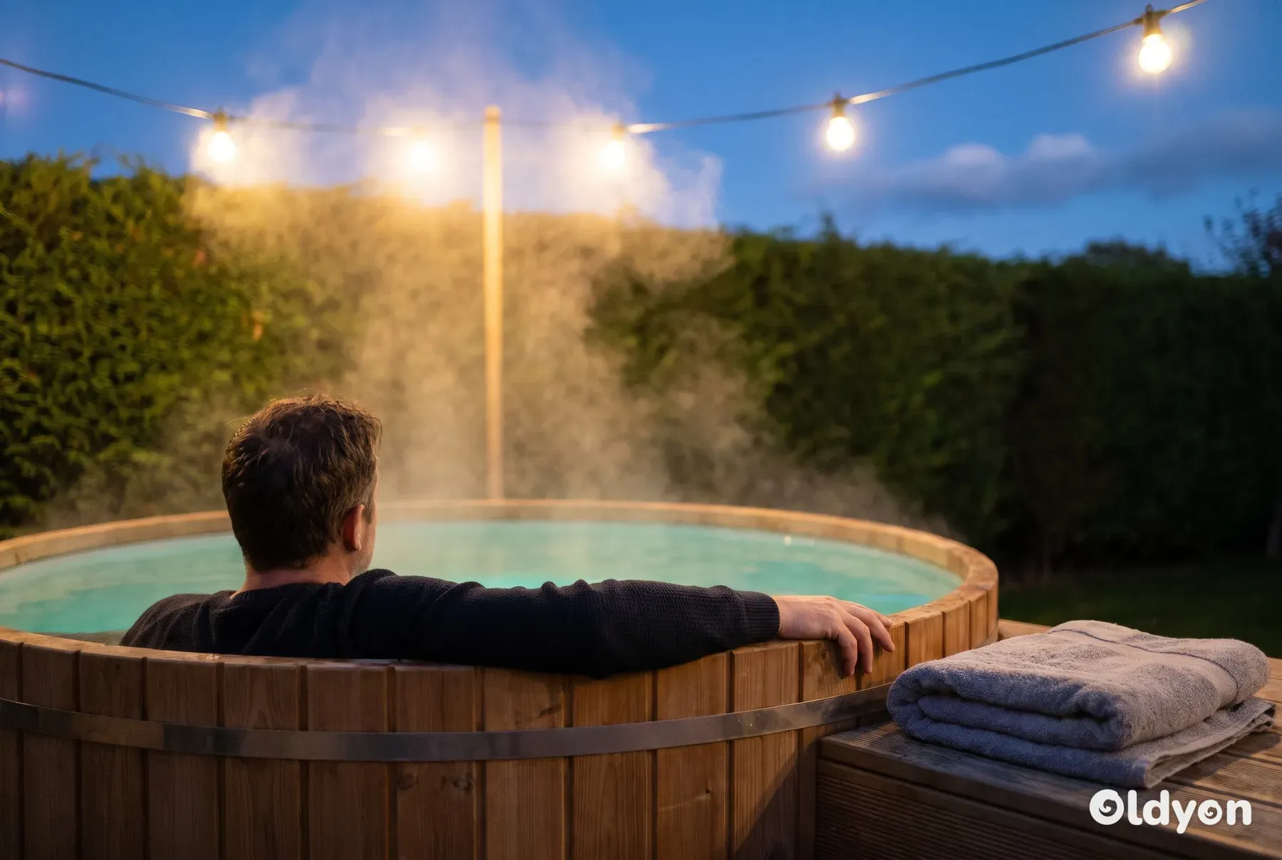 Person seen from behind relaxing in a steaming hot tub at dusk, with warm festoon lights in a British garden