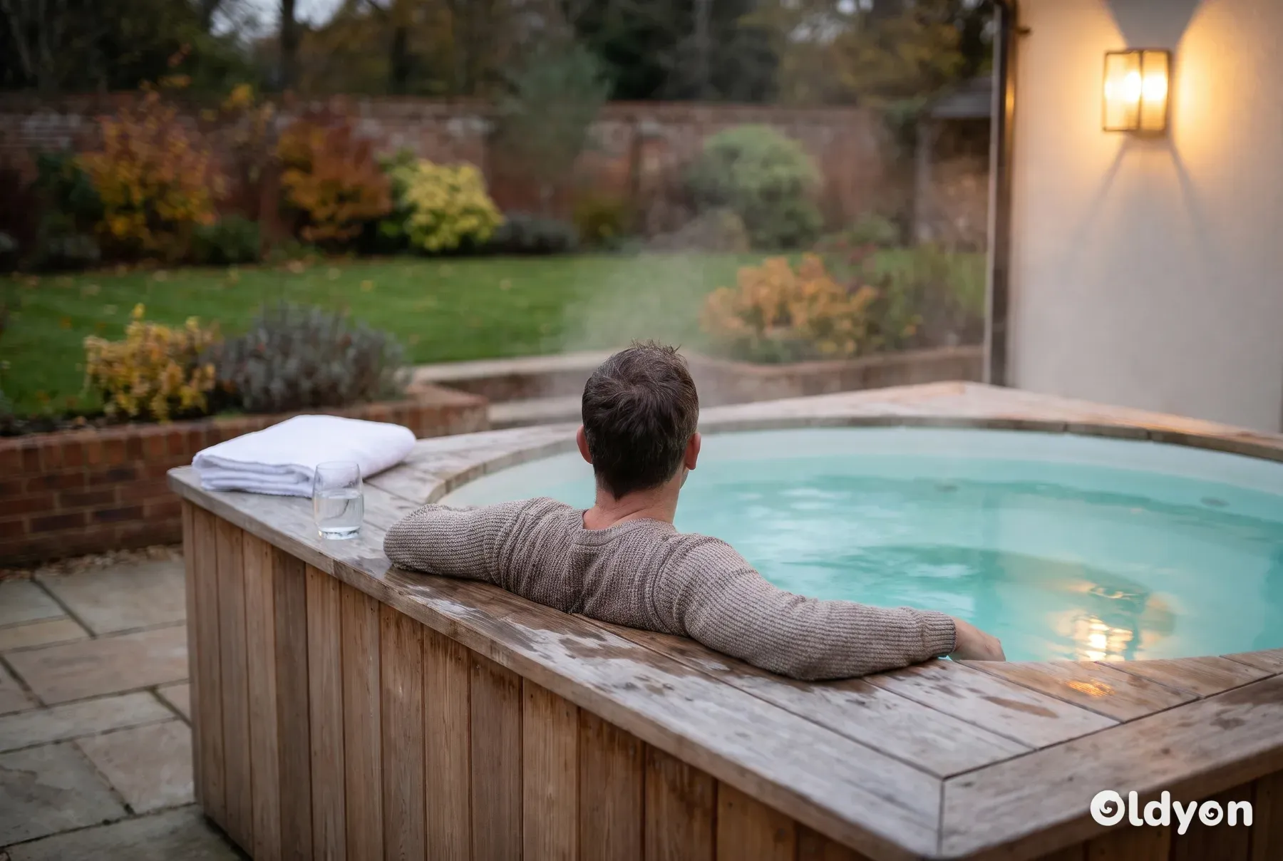 Person seen from behind relaxing in a steaming hot tub on a garden patio at dusk, with a towel and glass of water
