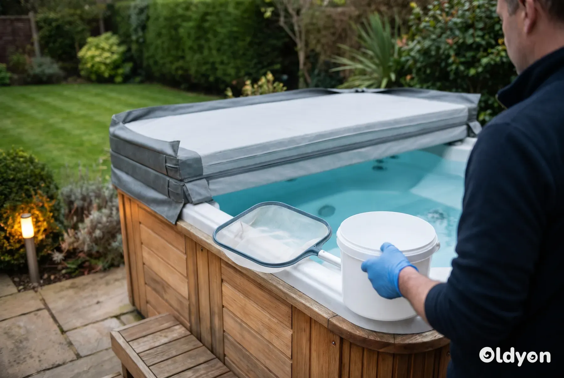 Behandschuhte Hand hält an einem bewölkten Morgen einen feinen Kescher über einen abgedeckten Whirlpool in einem gepflegten britischen Garten