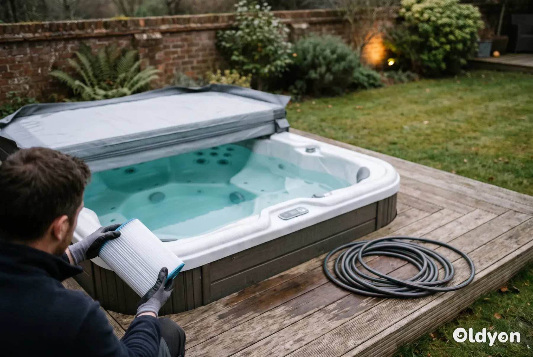 Hände heben eine saubere, weiße, gefaltete Filterkartusche neben einem offenen Whirlpool mit klarem Wasser auf einer Gartenterrasse an