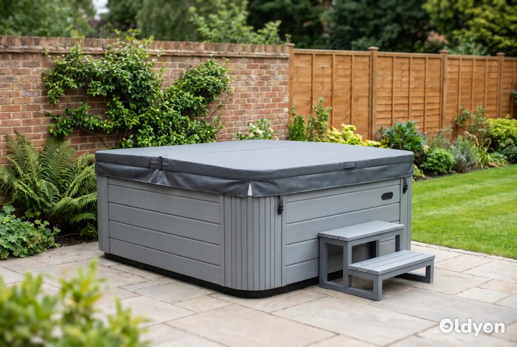 New acrylic hot tub with its cover closed on a level paved base in a tidy British back garden on a bright day
