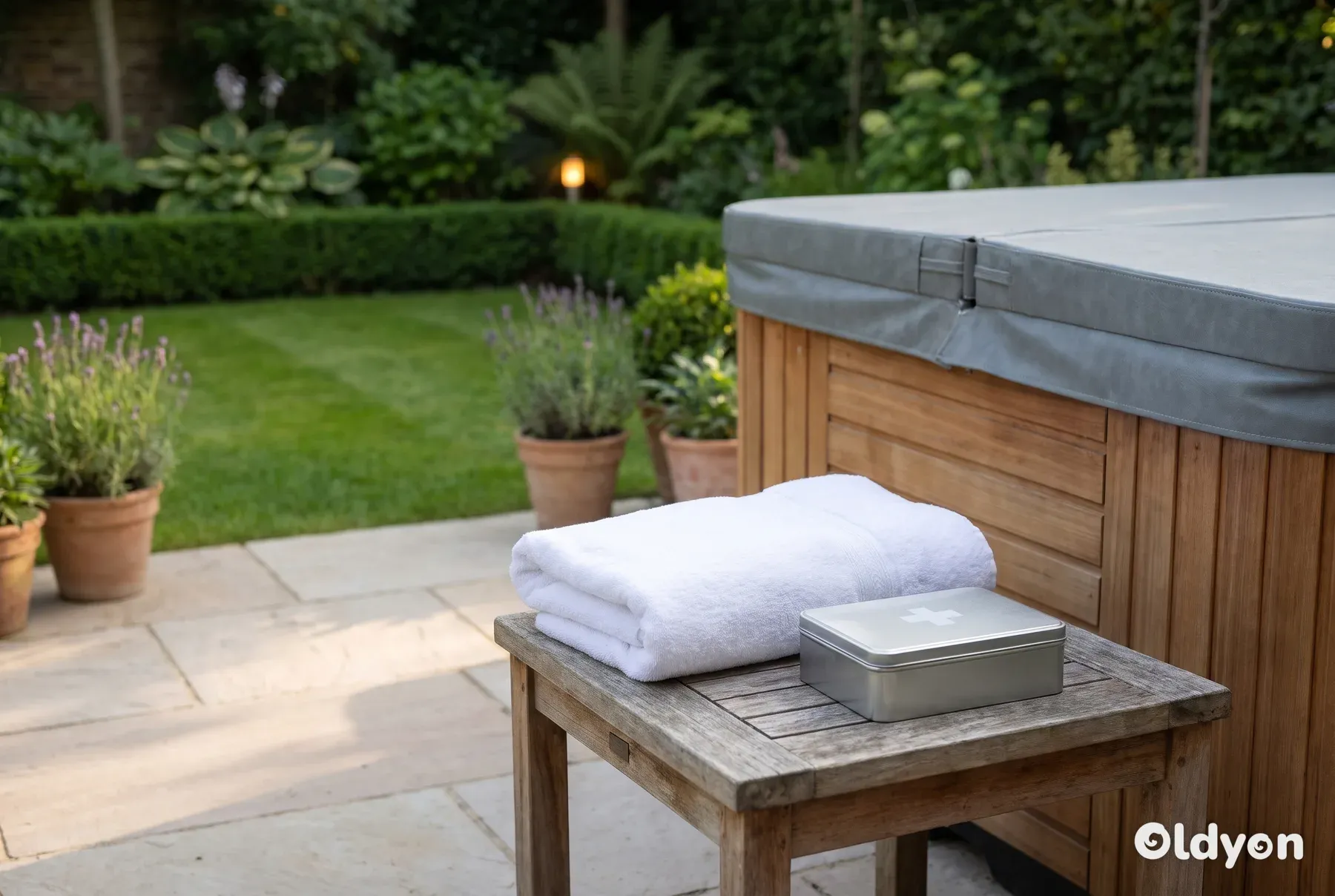 A covered hot tub on a stone patio with a folded white towel and a small first aid tin on a wooden side table