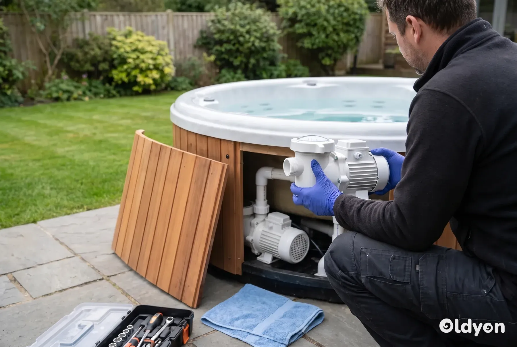 Mains gantées tenant une pompe de spa neuve et propre à côté d'un panneau ouvert de l'habillage d'un spa sur une terrasse de jardin