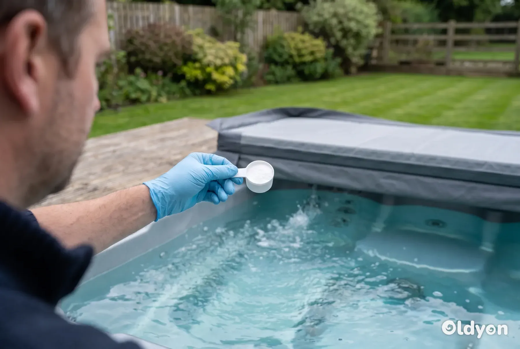 Behandschuhte Hände geben einen abgemessenen Messlöffel weißes Granulat in einen sprudelnden Whirlpool in einem britischen Garten