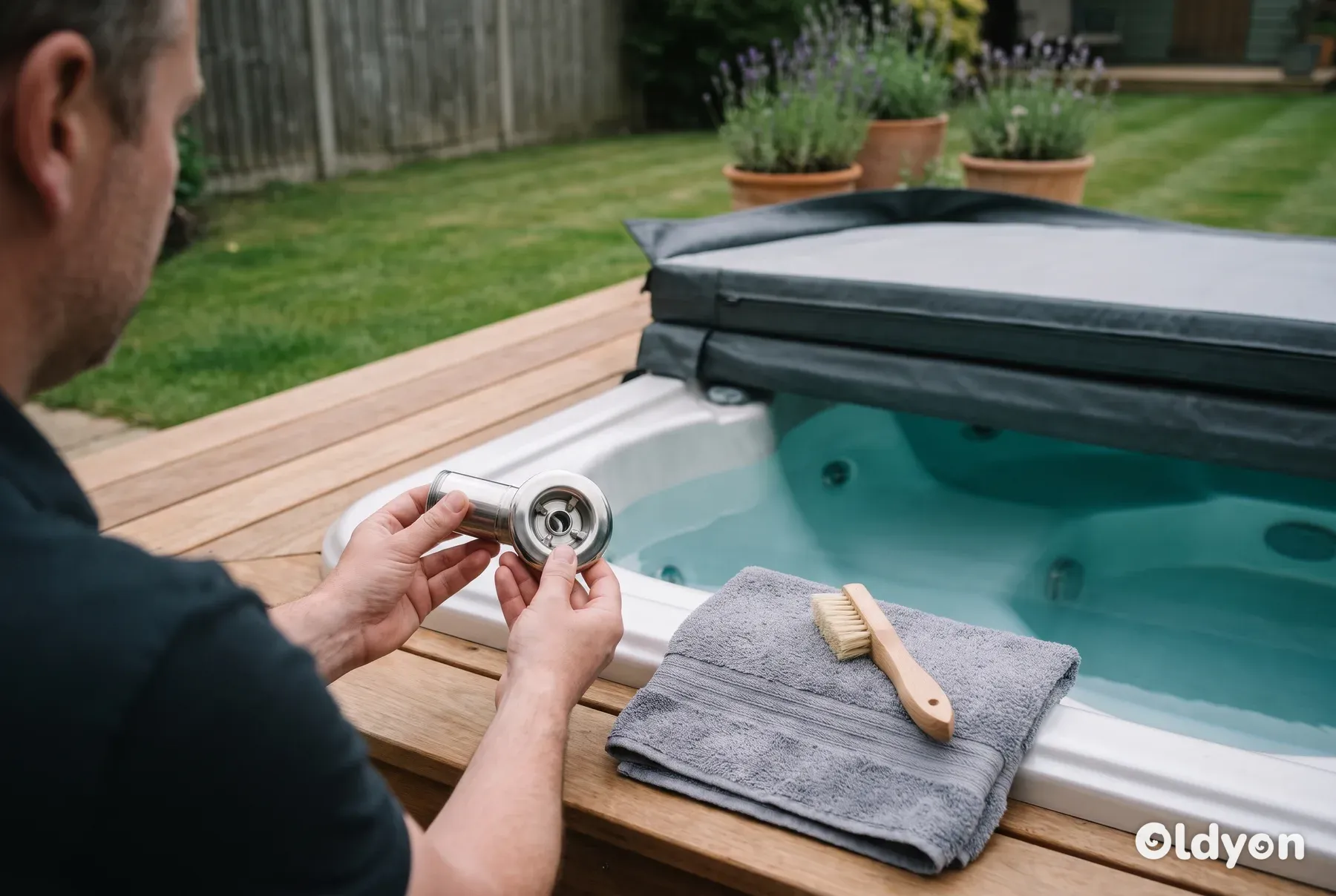 Mains vues de dos tenant un insert de jet de spa en inox propre au-dessus du bord d'un spa de jardin