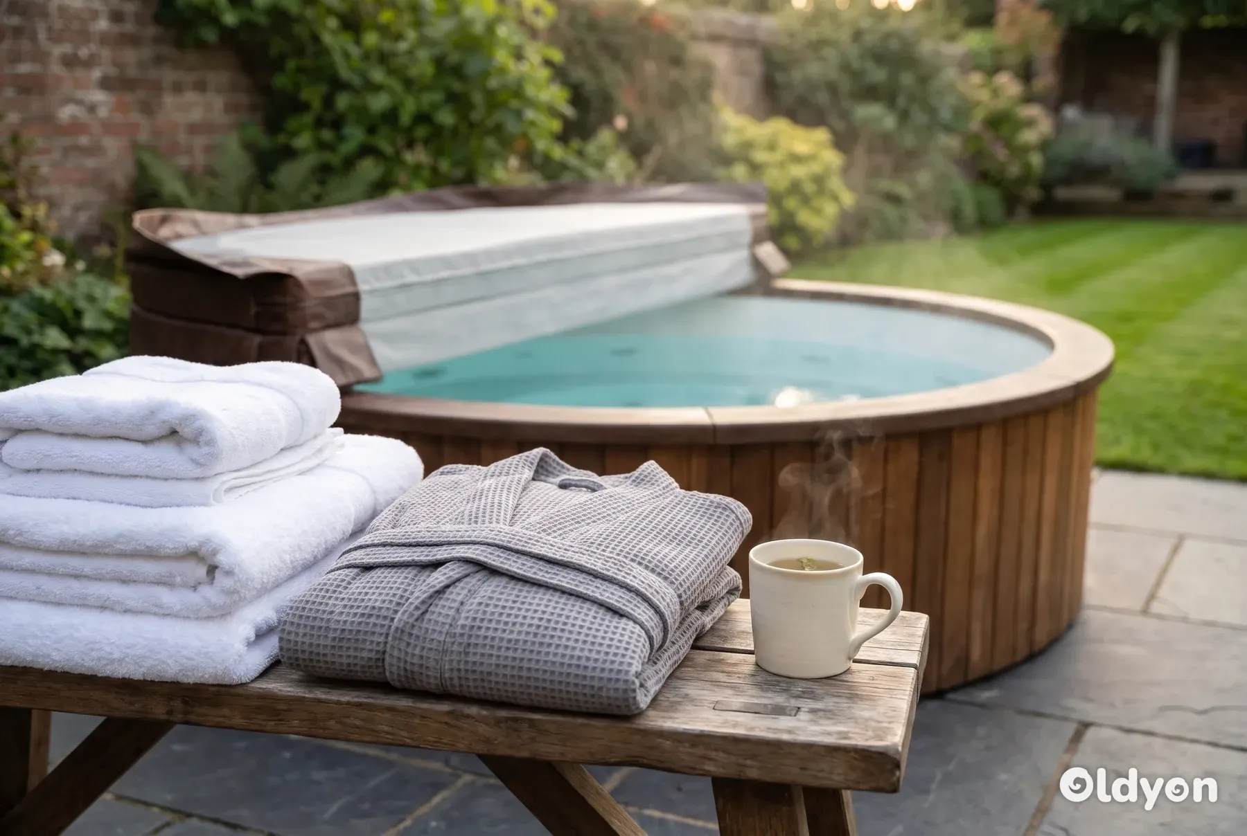 Toallas dobladas, un albornoz y una taza de té en un banco de madera junto a un jacuzzi cubierto en un jardín británico