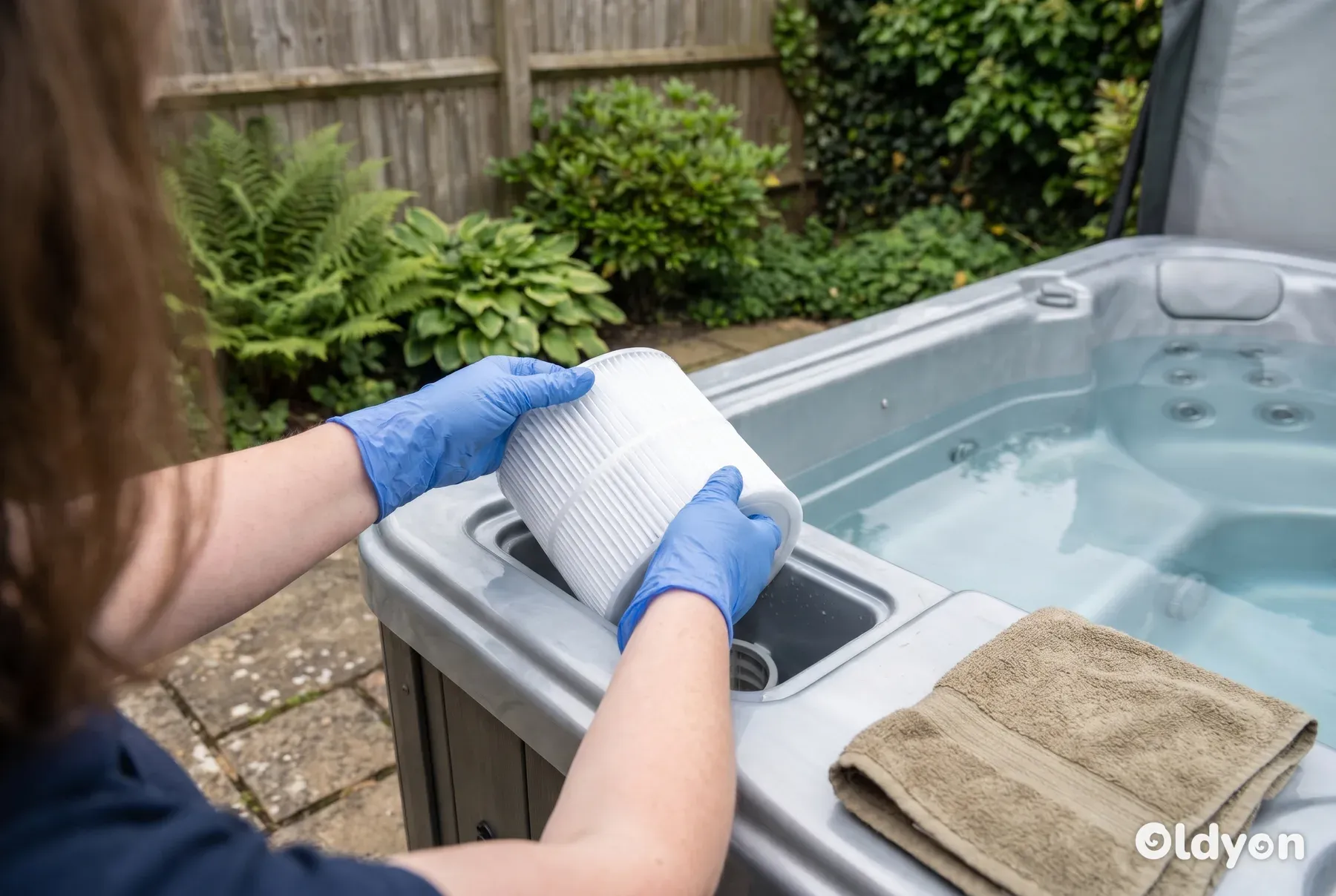 Mains gantées retirant un filtre à cartouche plissé propre du compartiment de filtre d'un spa dans un jardin britannique