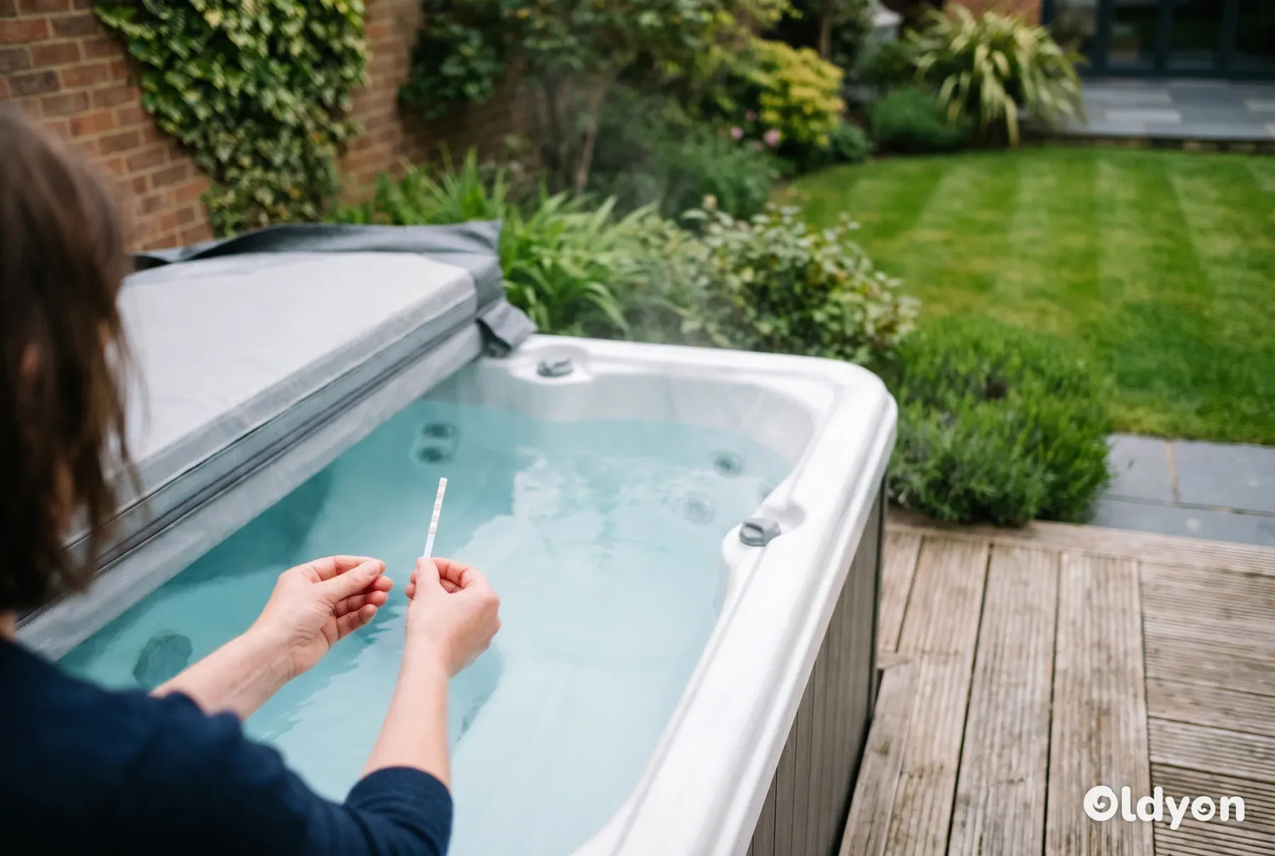 Manos sosteniendo una tira reactiva para agua sobre el agua transparente y ligeramente humeante de un jacuzzi en una tarima de madera en un jardín británico