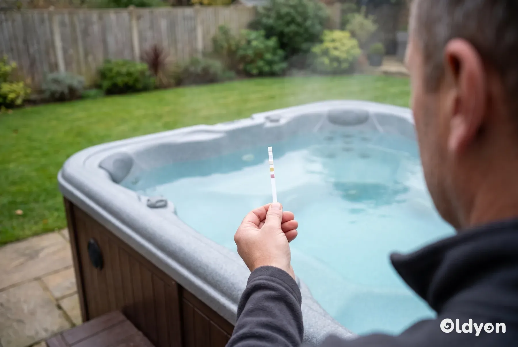 Eine Hand hält einen Wasserteststreifen über klares, leicht dampfendes Whirlpoolwasser auf einer Terrasse in einem britischen Garten