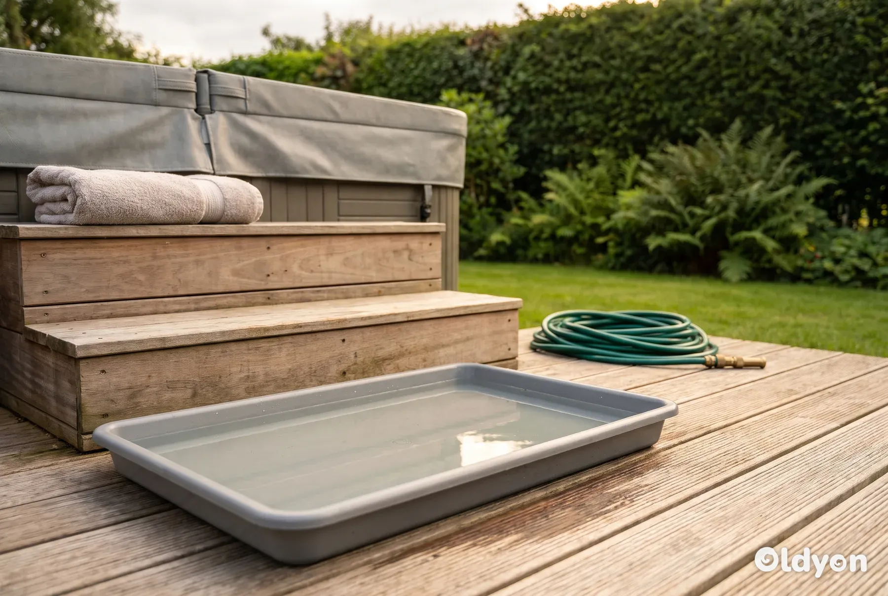 A shallow foot tray of clean water on a wooden deck beside the steps of a covered hot tub in a British garden