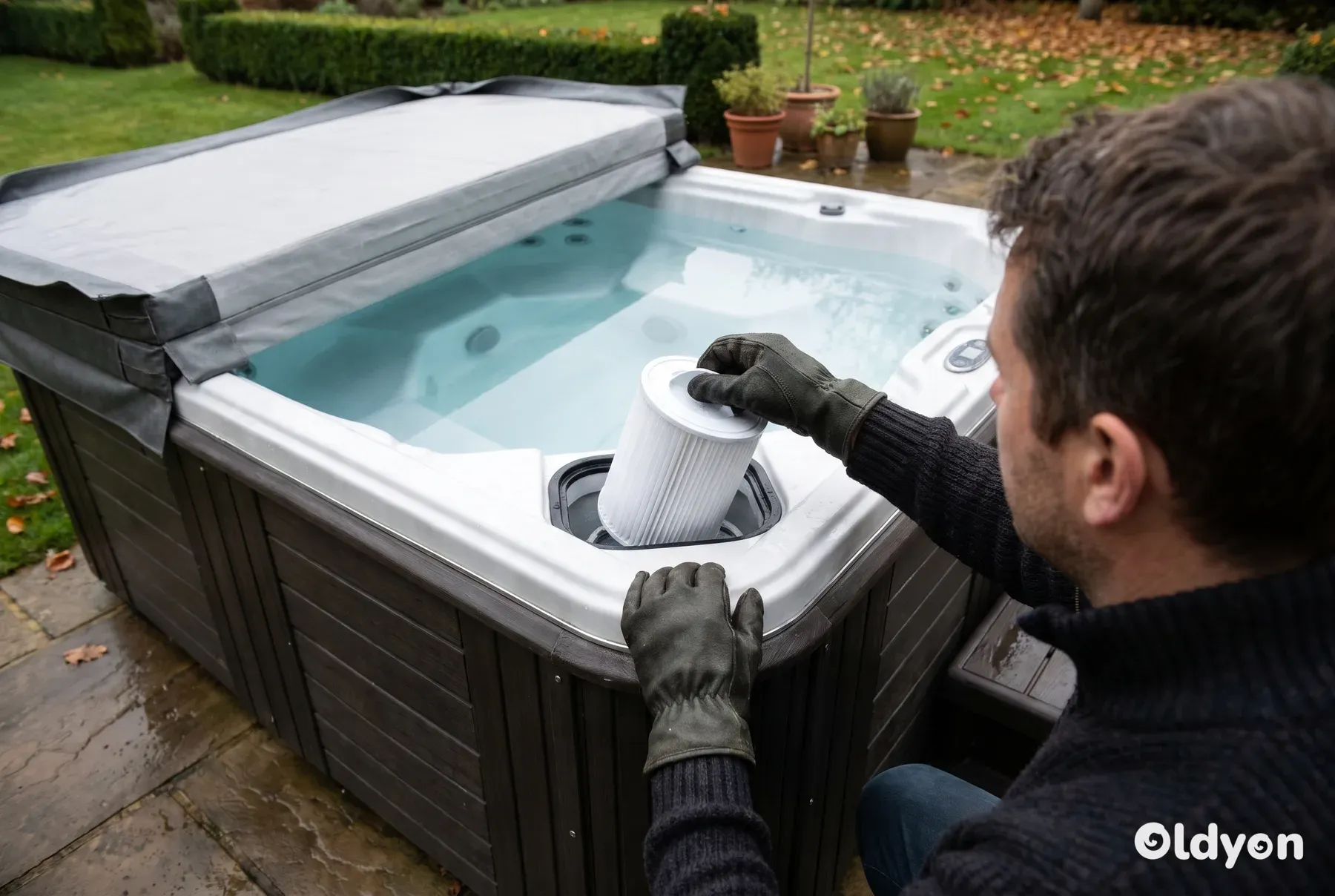 Personne vue de dos retirant un filtre à cartouche propre d'un spa sur une terrasse de jardin britannique