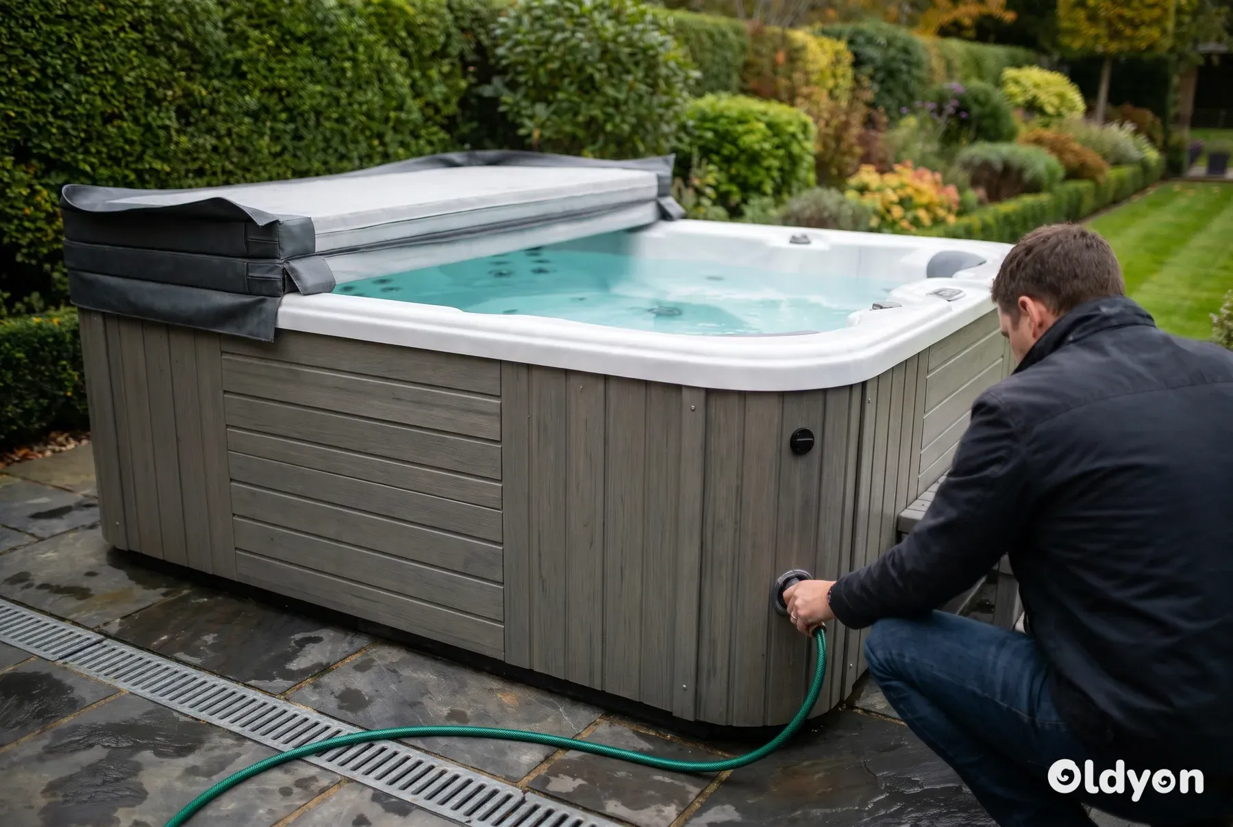Rückansicht einer Person, die einen Gartenschlauch an das Ablassventil eines Whirlpools auf einer Gartenterrasse anschließt