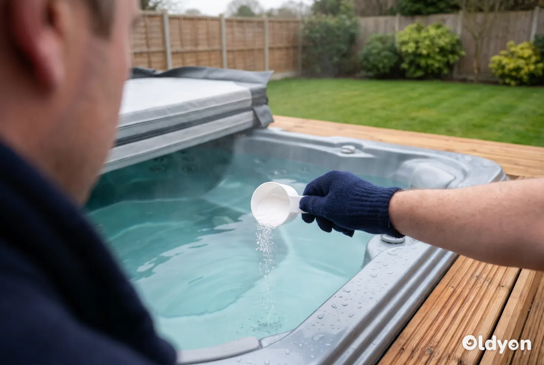 Eine Hand gibt Chlorgranulat aus einer kleinen Schaufel in einen dampfenden Whirlpool in einem grünen britischen Garten