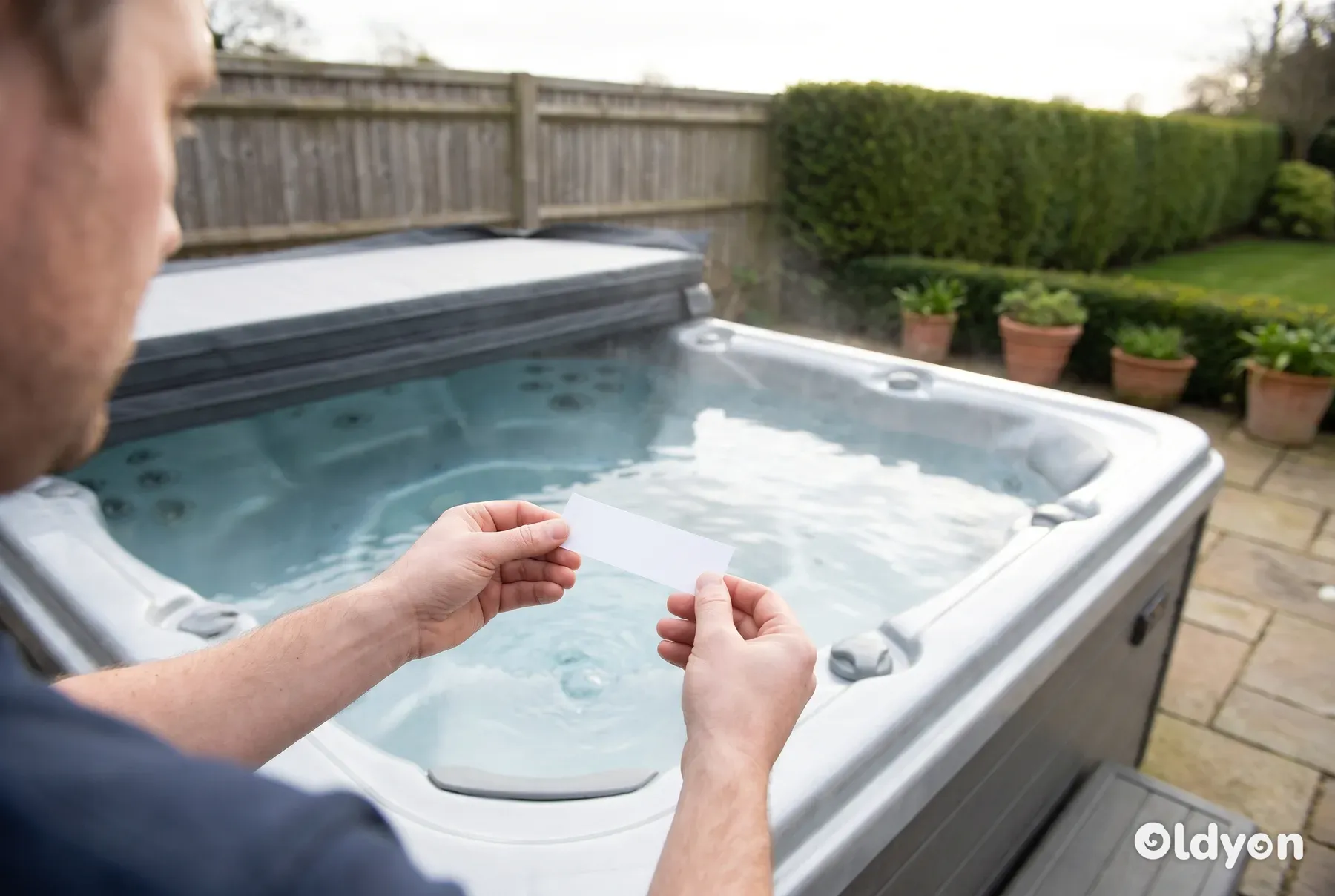 Hands holding a hot tub test strip above clear water in a hot tub on a British garden patio