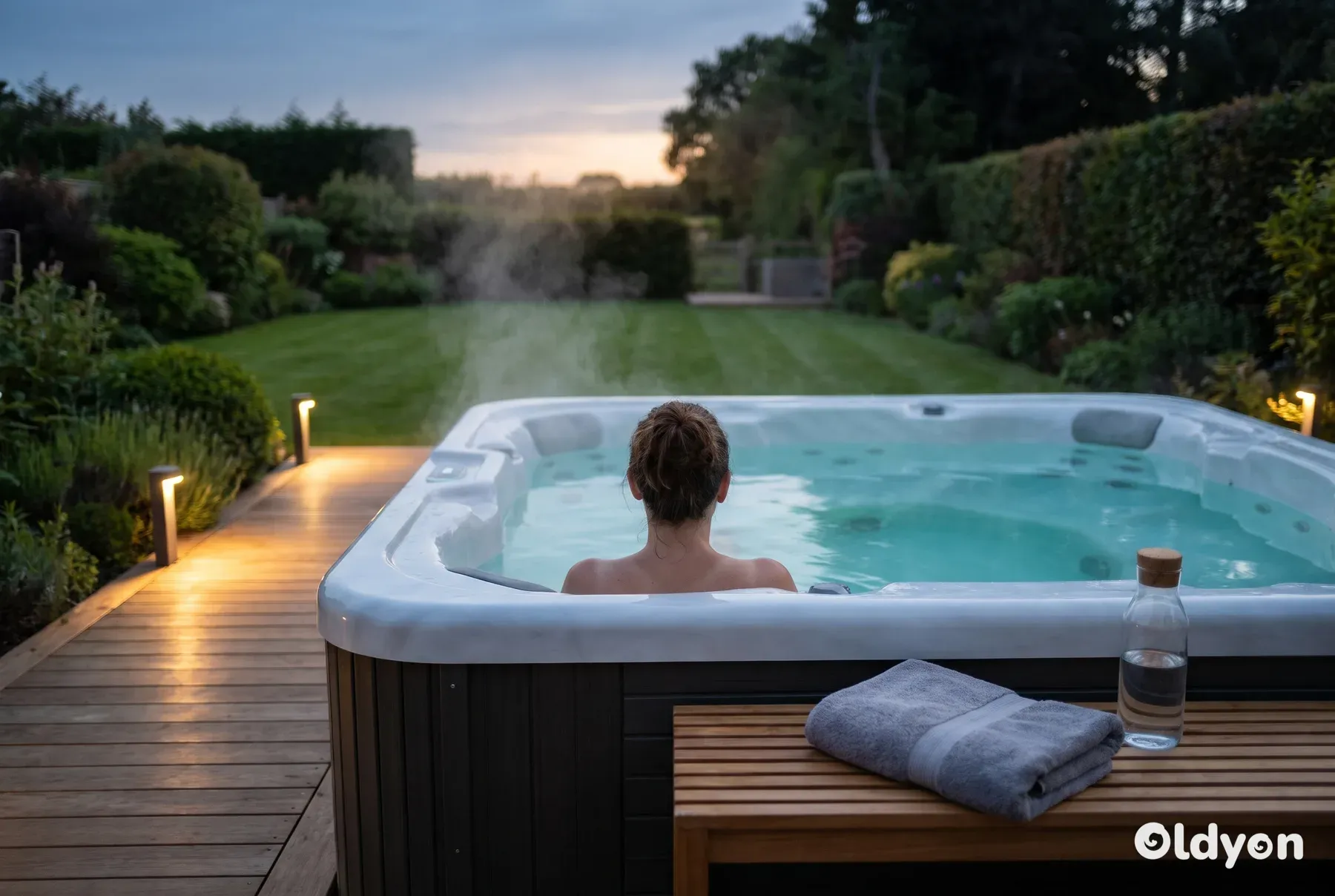 Persona vista de espaldas relajándose en un jacuzzi humeante en un jardín británico al anochecer, iluminada por luces suaves y tenues
