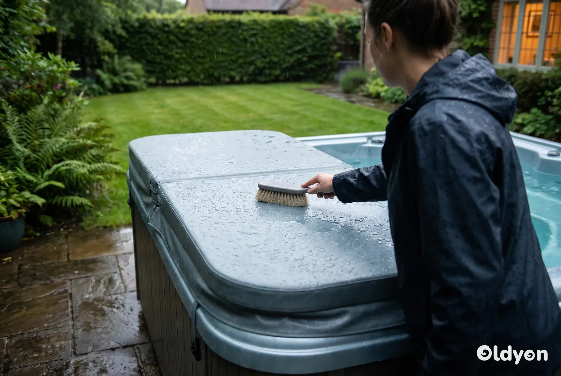 Person von hinten, die Regenwasser von einer geschlossenen grauen Whirlpool-Abdeckung in einem feuchten britischen Garten wischt