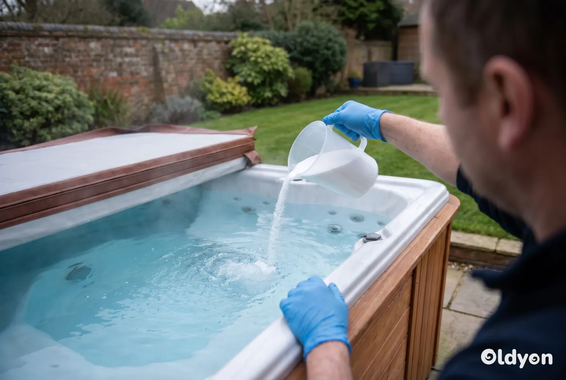 Behandschuhte Hände schütten weißes Granulat aus einem einfachen Krug in einen dampfenden Whirlpool in einem britischen Garten