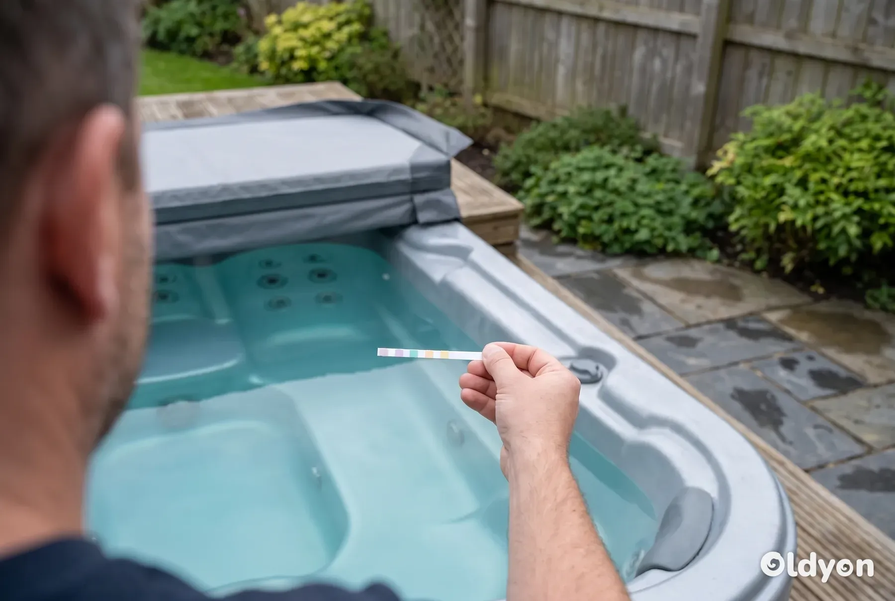 Hand hält einen Whirlpool-Teststreifen flach über klares Wasser in einem Garten-Whirlpool bei weichem Tageslicht