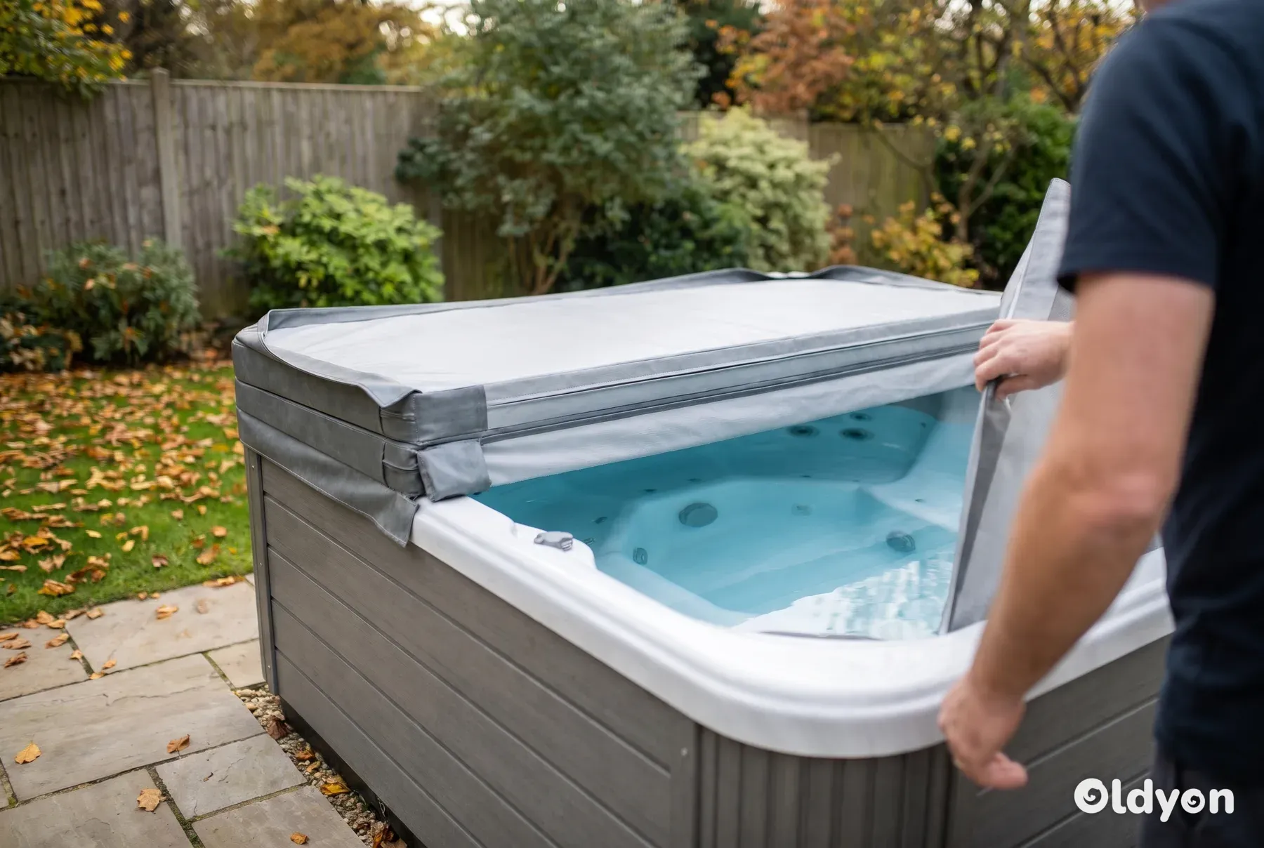 Hands folding back the cover of a hot tub of clear blue water in a British garden with autumn leaves on the lawn