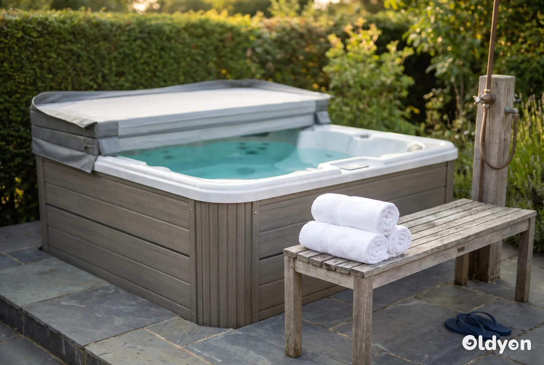 Un jacuzzi limpio con la cubierta doblada hacia atrás en un jardín británico, con toallas enrolladas y chanclas en un banco de madera